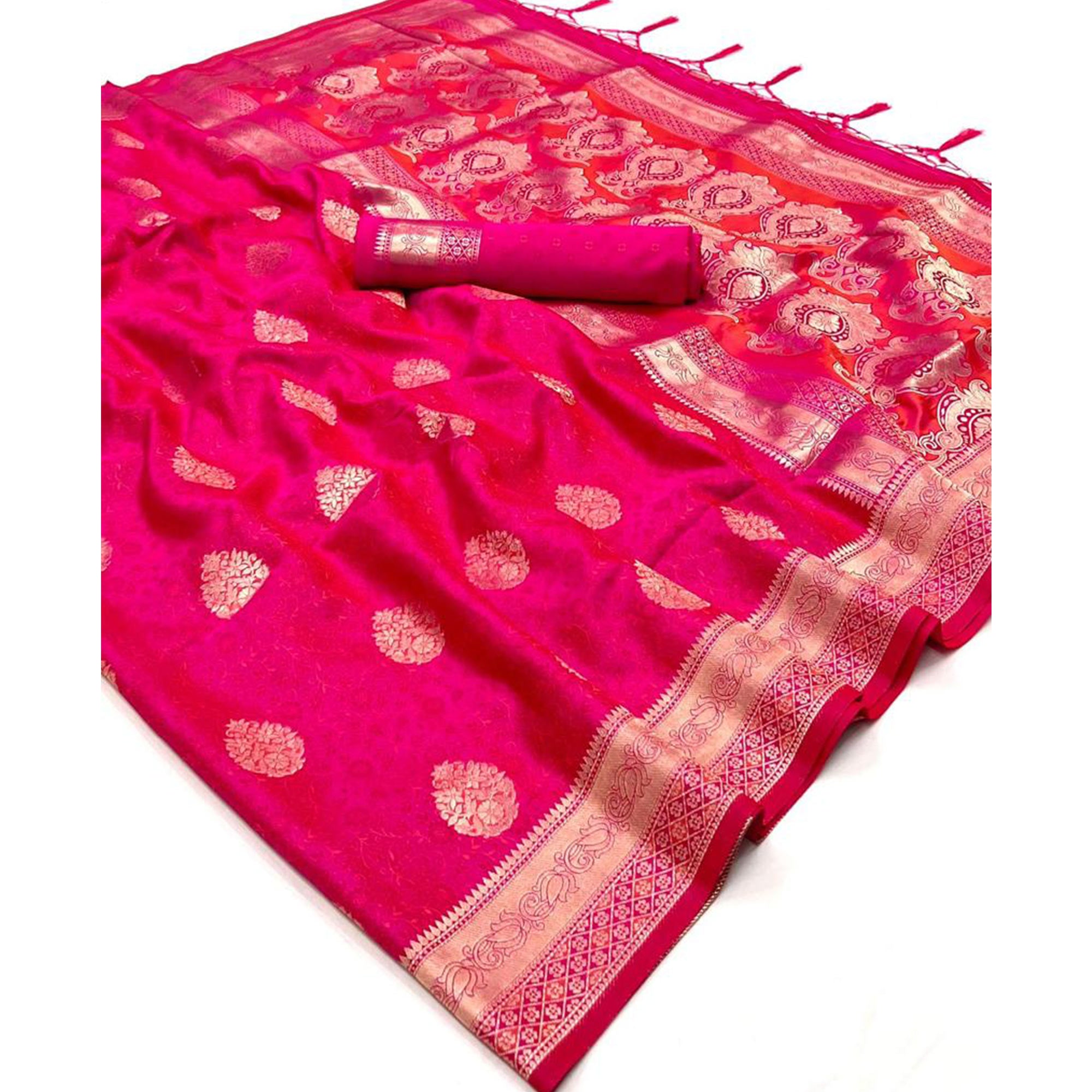 Pink Floral Woven Satin Saree With Tassels