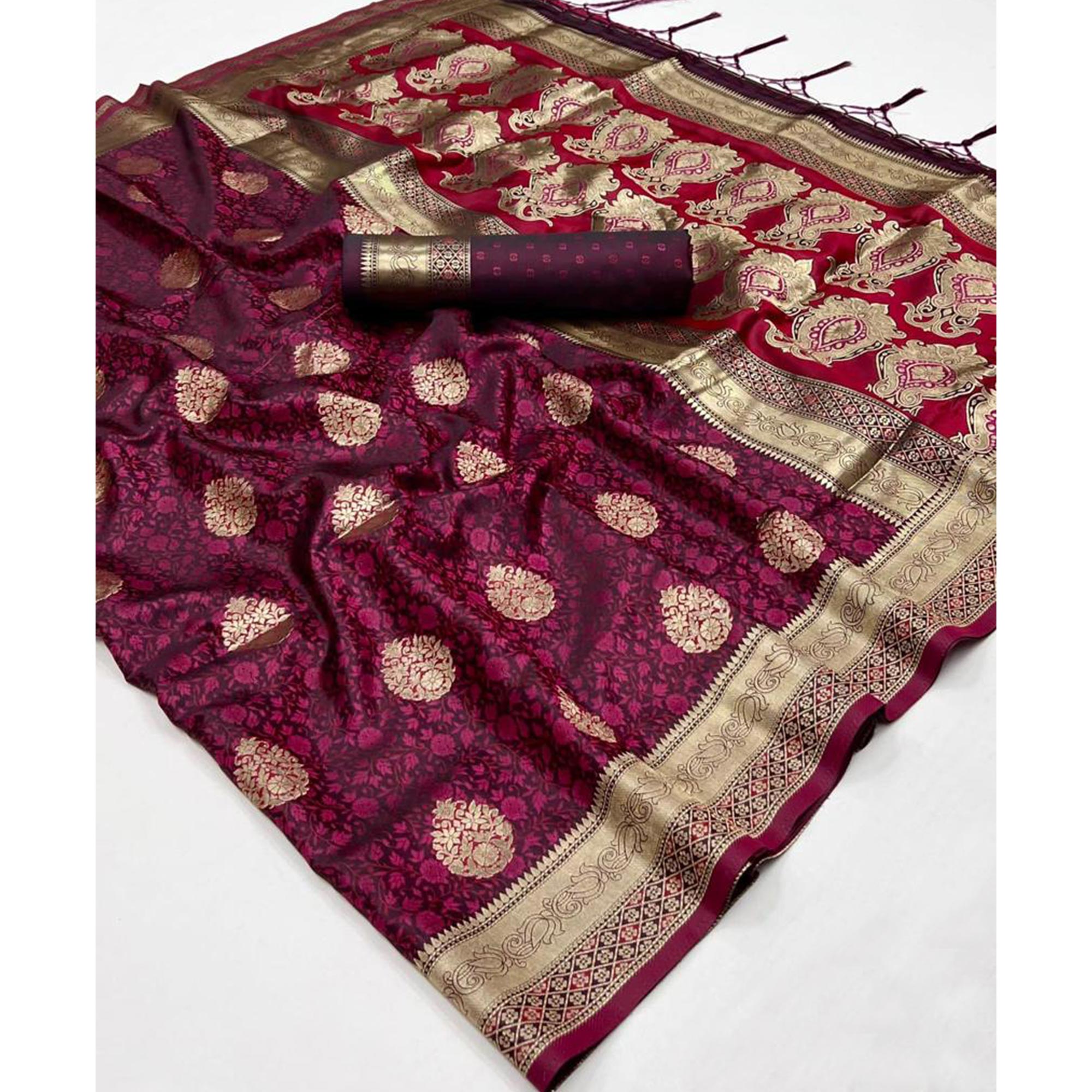 Wine Floral Woven Satin Saree With Tassels