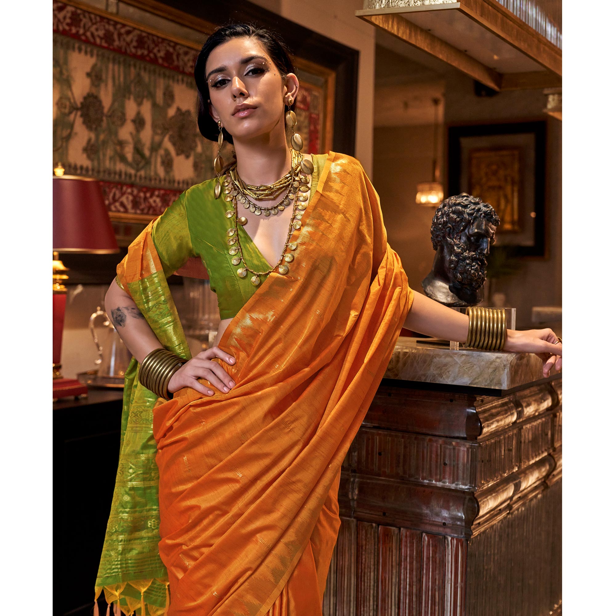 Orange Zari Work Woven Tussar Silk Saree With Tassels