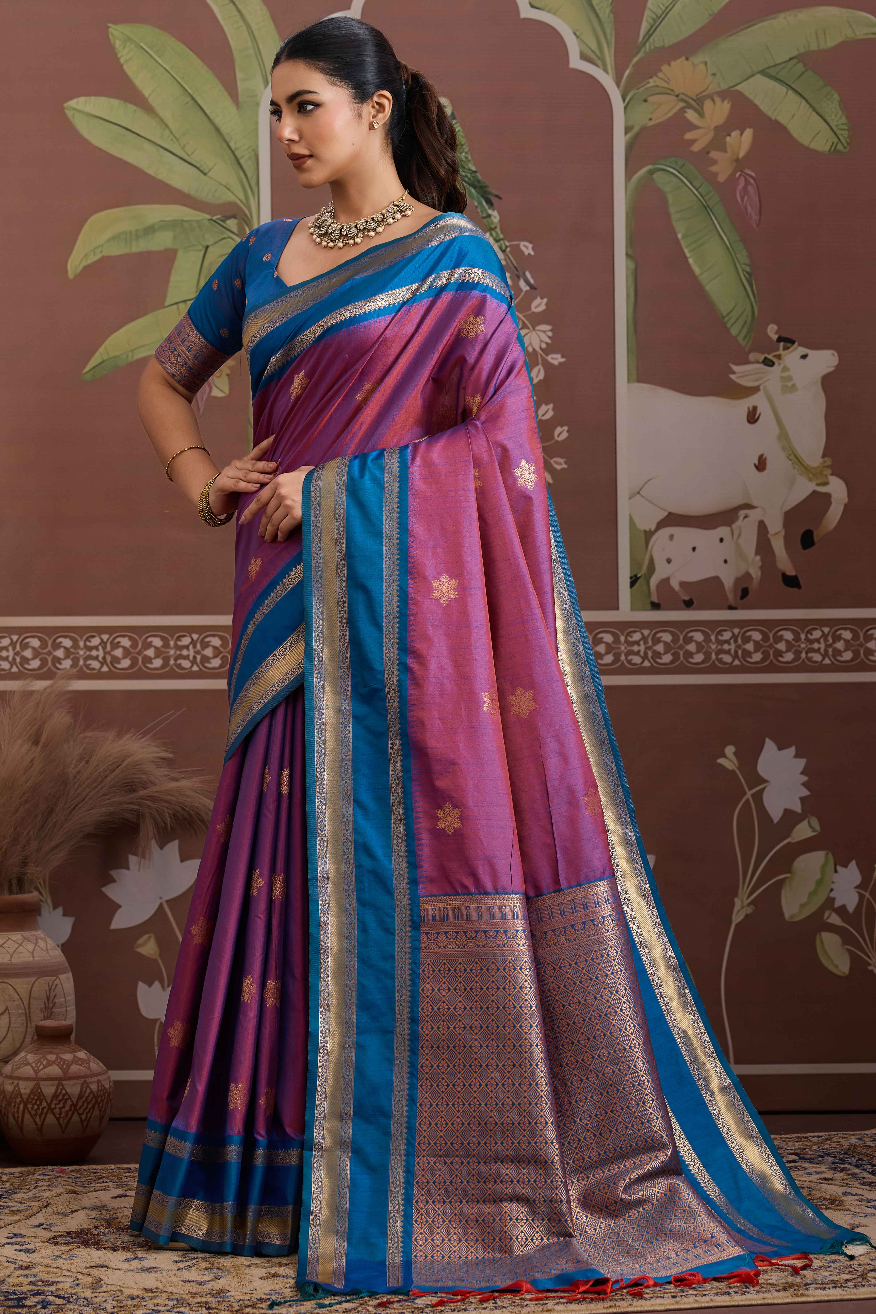 Luxury Style Purple Saree in Silk Blend with Intricate Zari Work