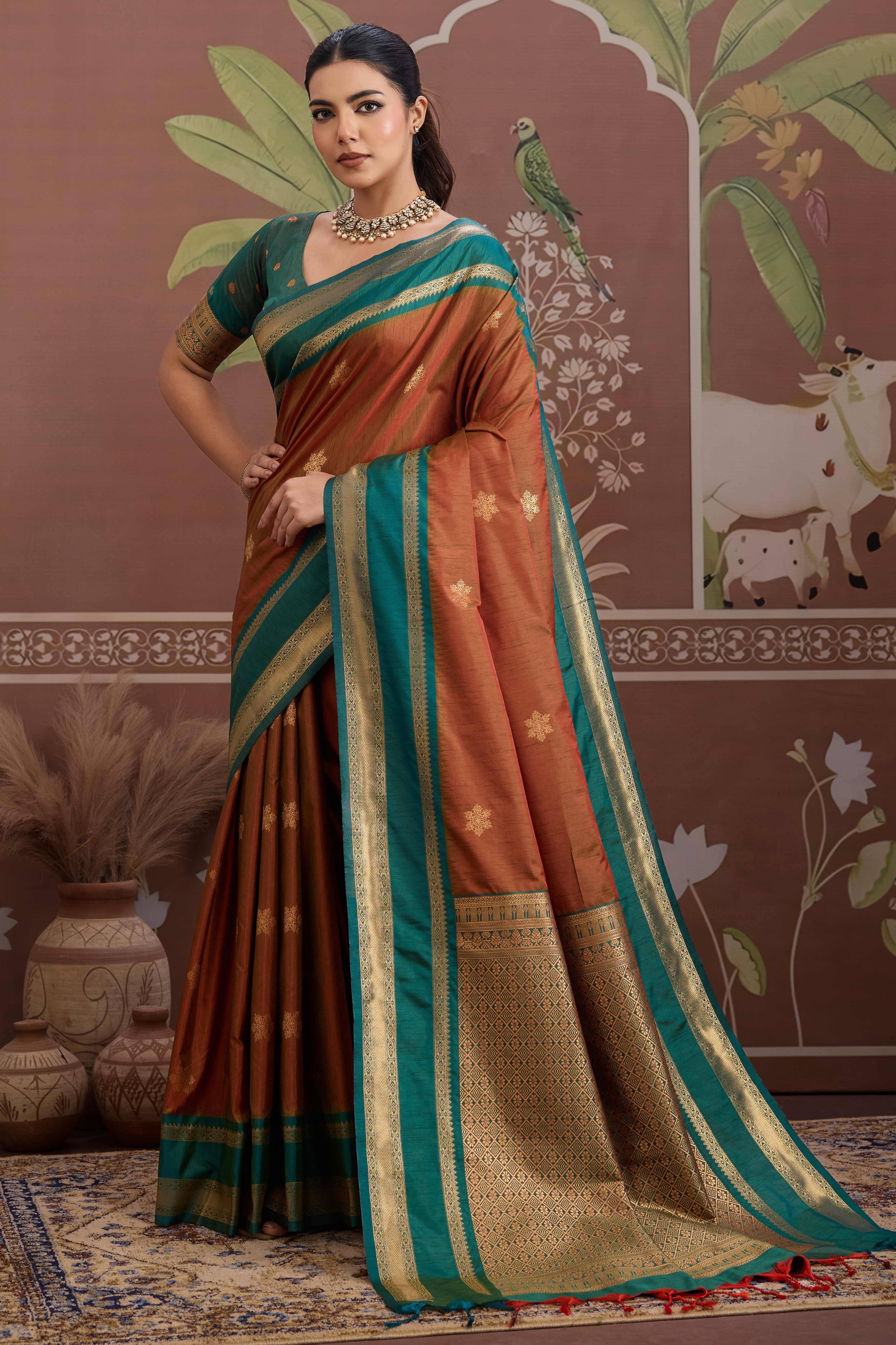 Luxury Style Brown Saree in Silk Blend with Intricate Zari Work