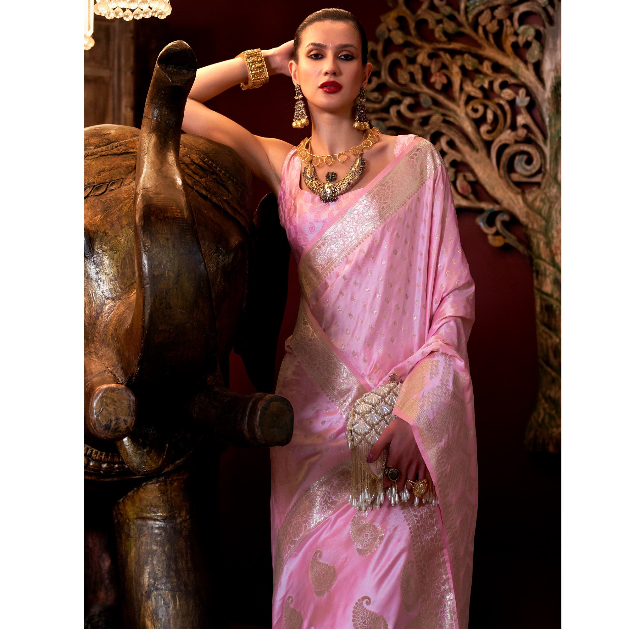 Baby Pink Woven Satin Saree With Tassels
