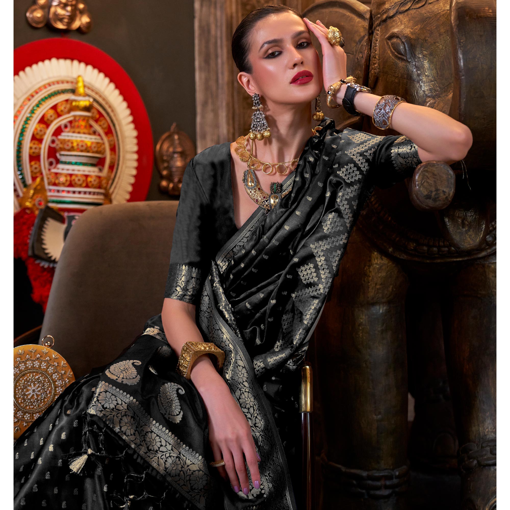 Black Woven Satin Saree With Tassels