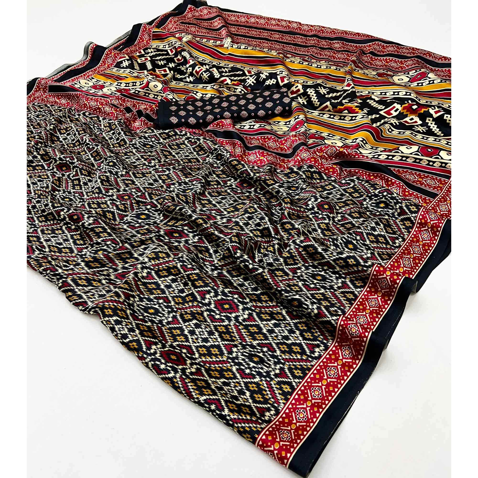 Black Patola Printed Satin Crepe Saree