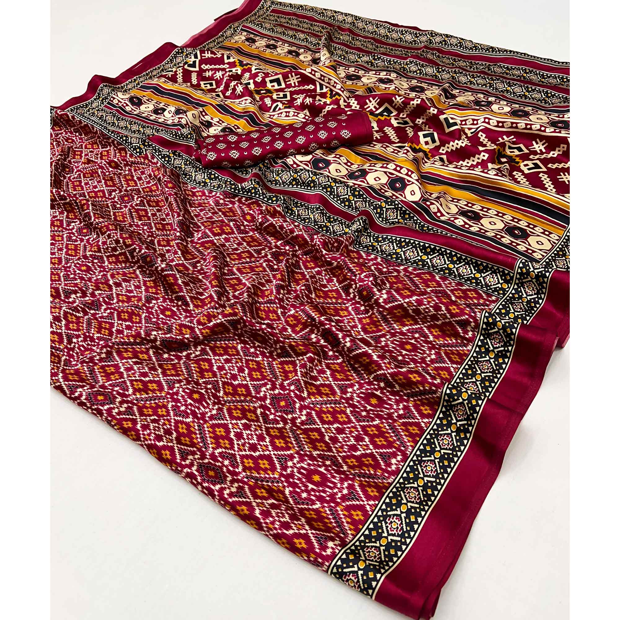 Magenta Patola Printed Satin Crepe Saree