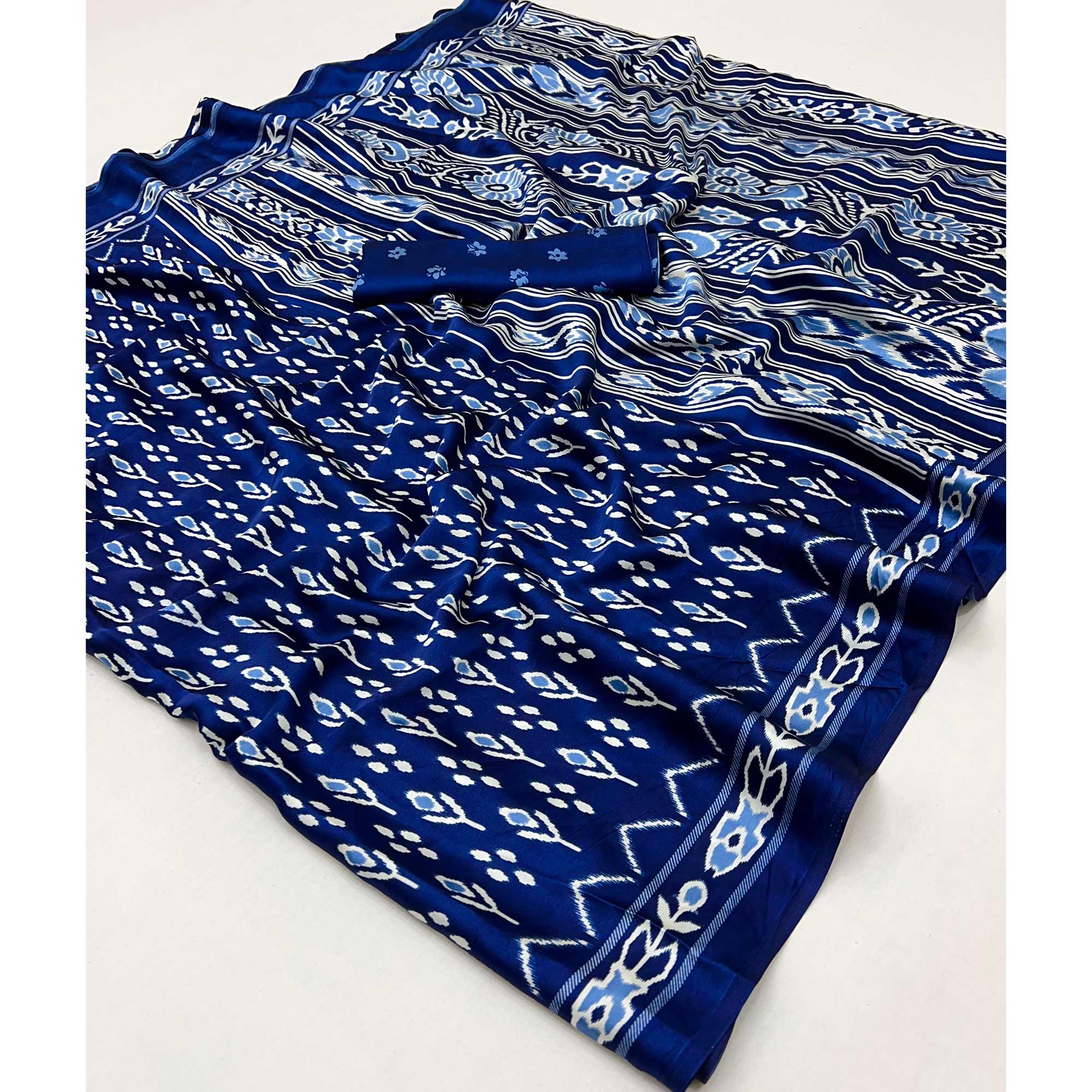 Blue Patola Printed Satin Crepe Saree