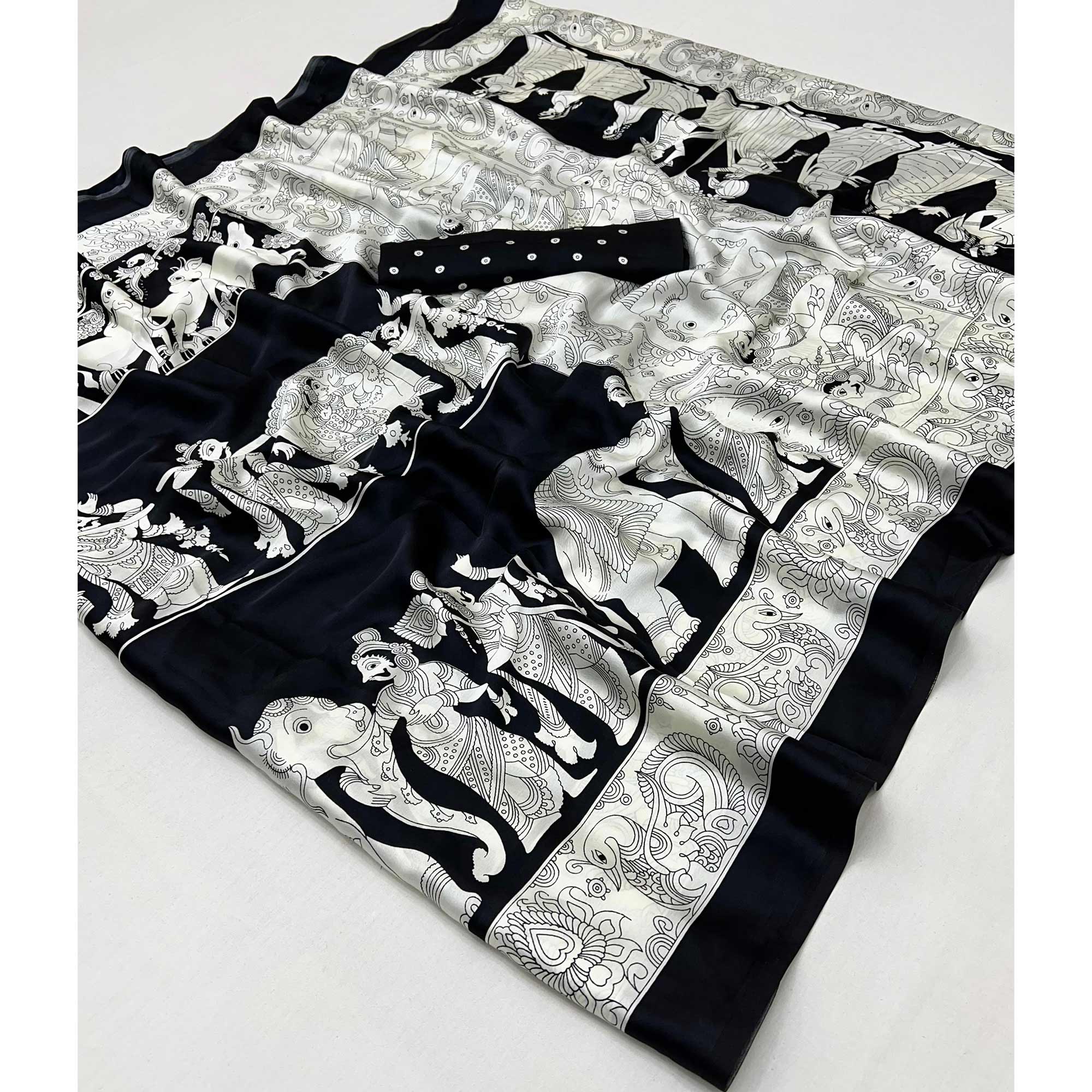 Black & White Abstract Printed Satin Crepe Saree