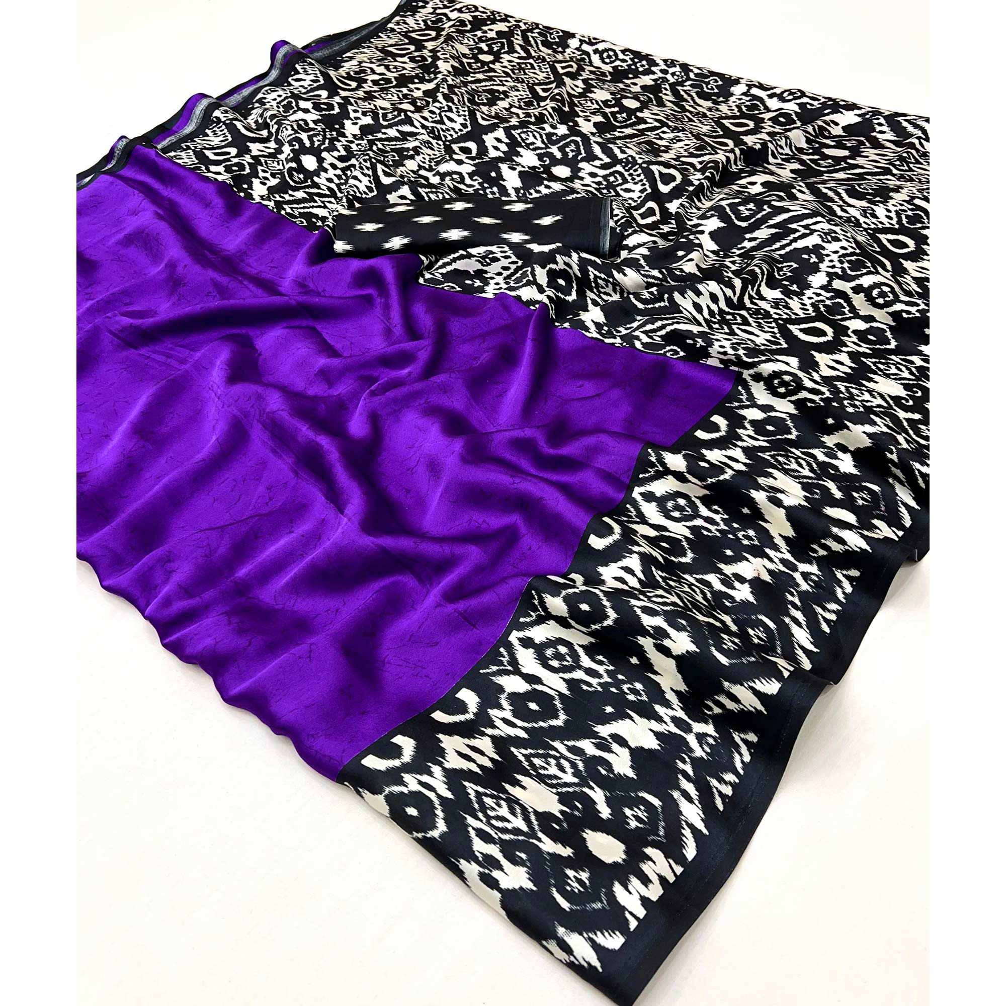 Black & Purple Polka Dot Printed Satin Crepe Saree