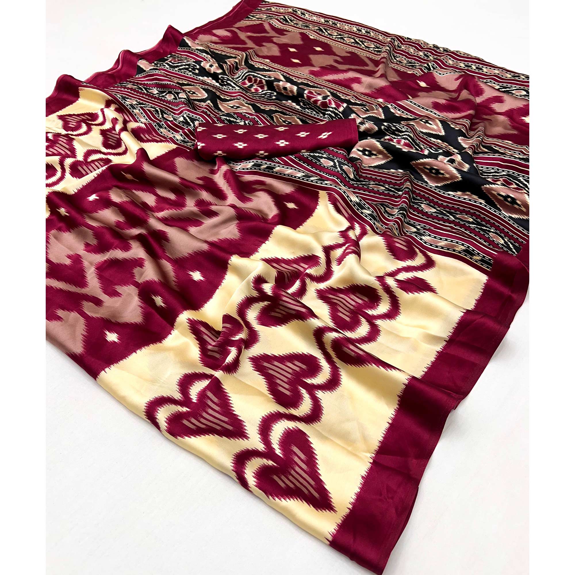 Magenta & Cream Patola Printed Satin Crepe Saree