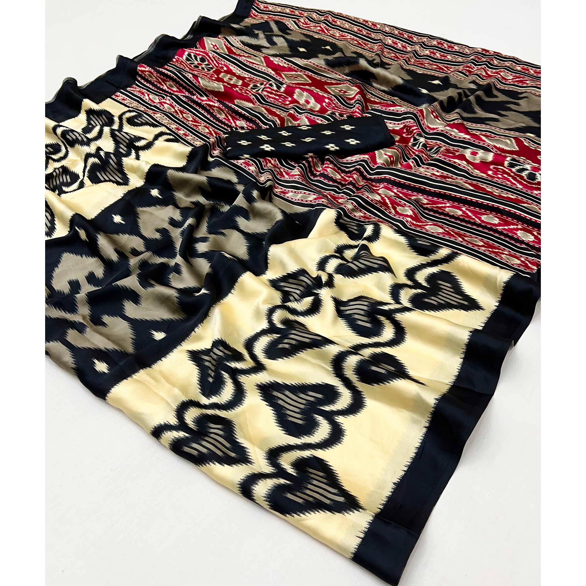 Black & Cream Patola Printed Satin Crepe Saree
