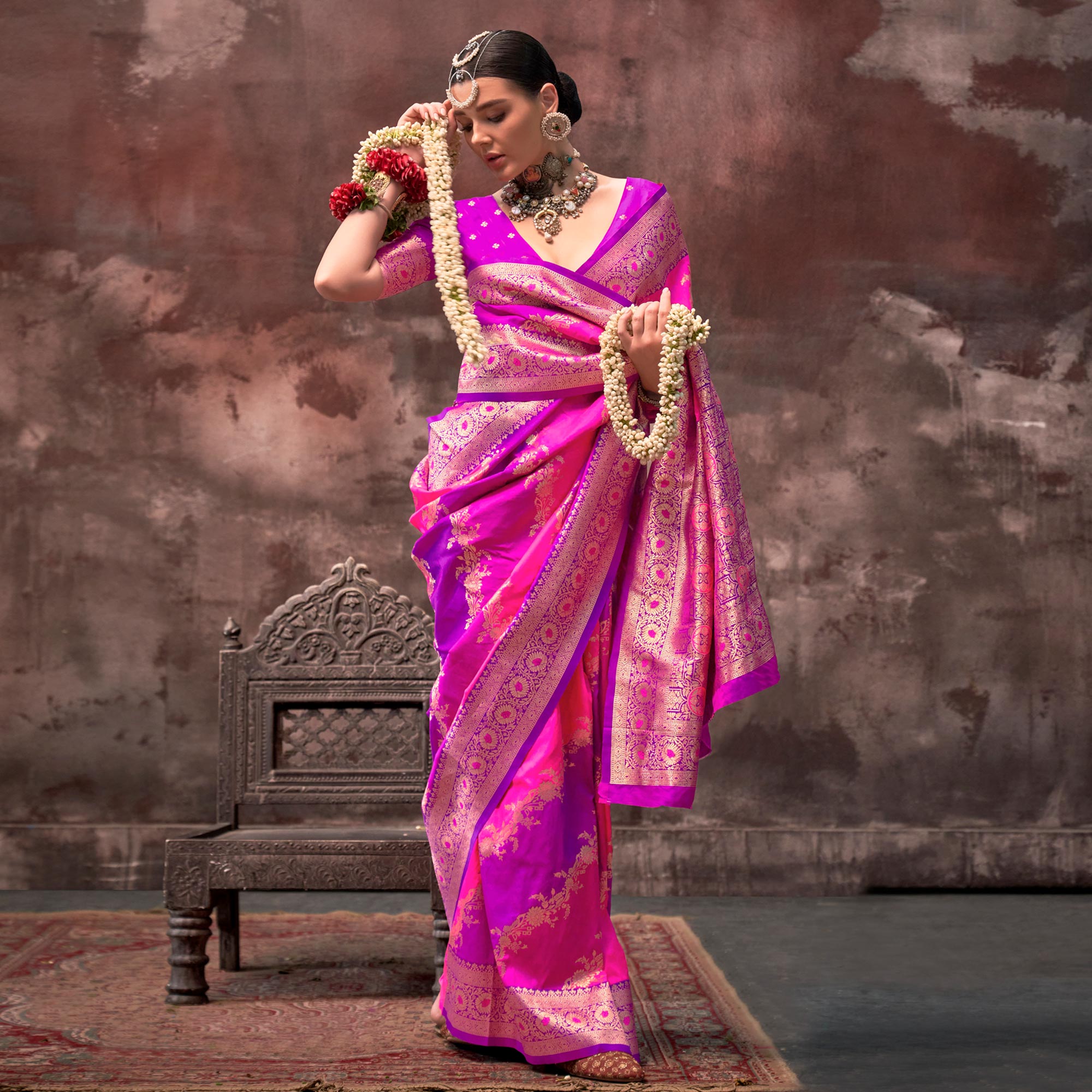 Magenta Floral Woven Art Silk Saree With Tassels