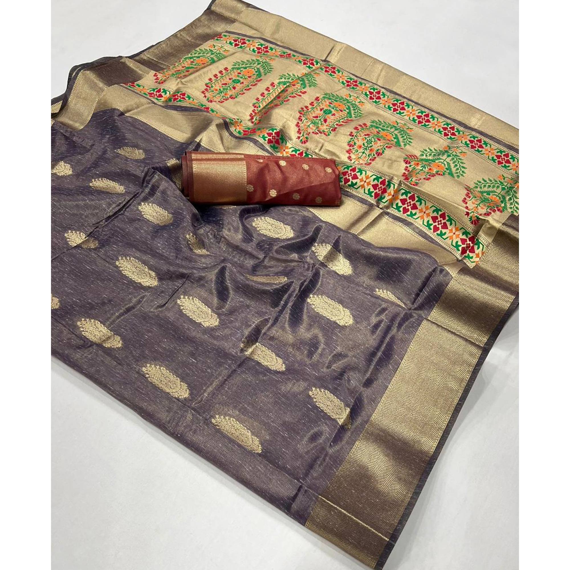 Lavender Floral Zari Woven Tissue Paithani Style Saree