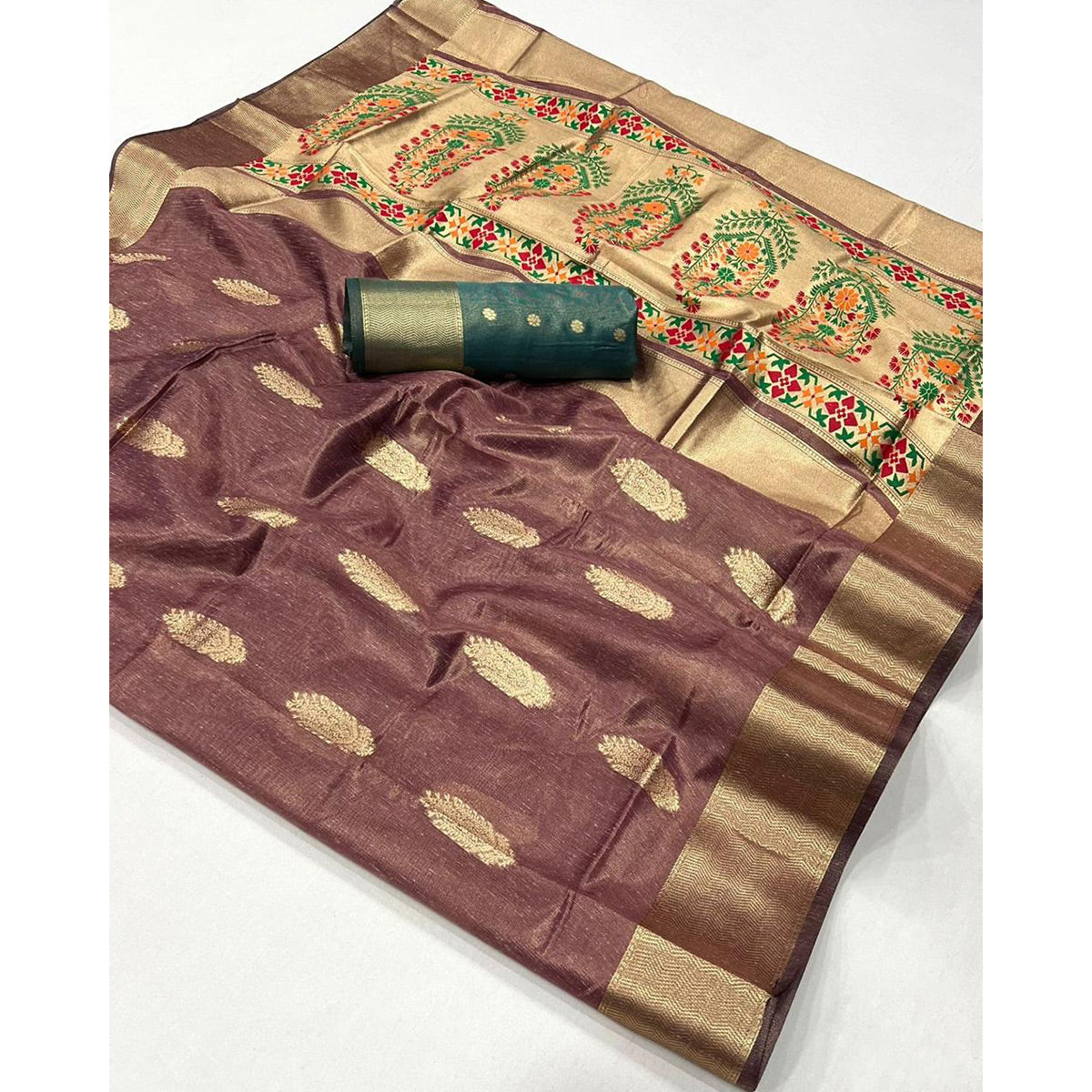 Mauve Floral Zari Woven Tissue Paithani Style Saree