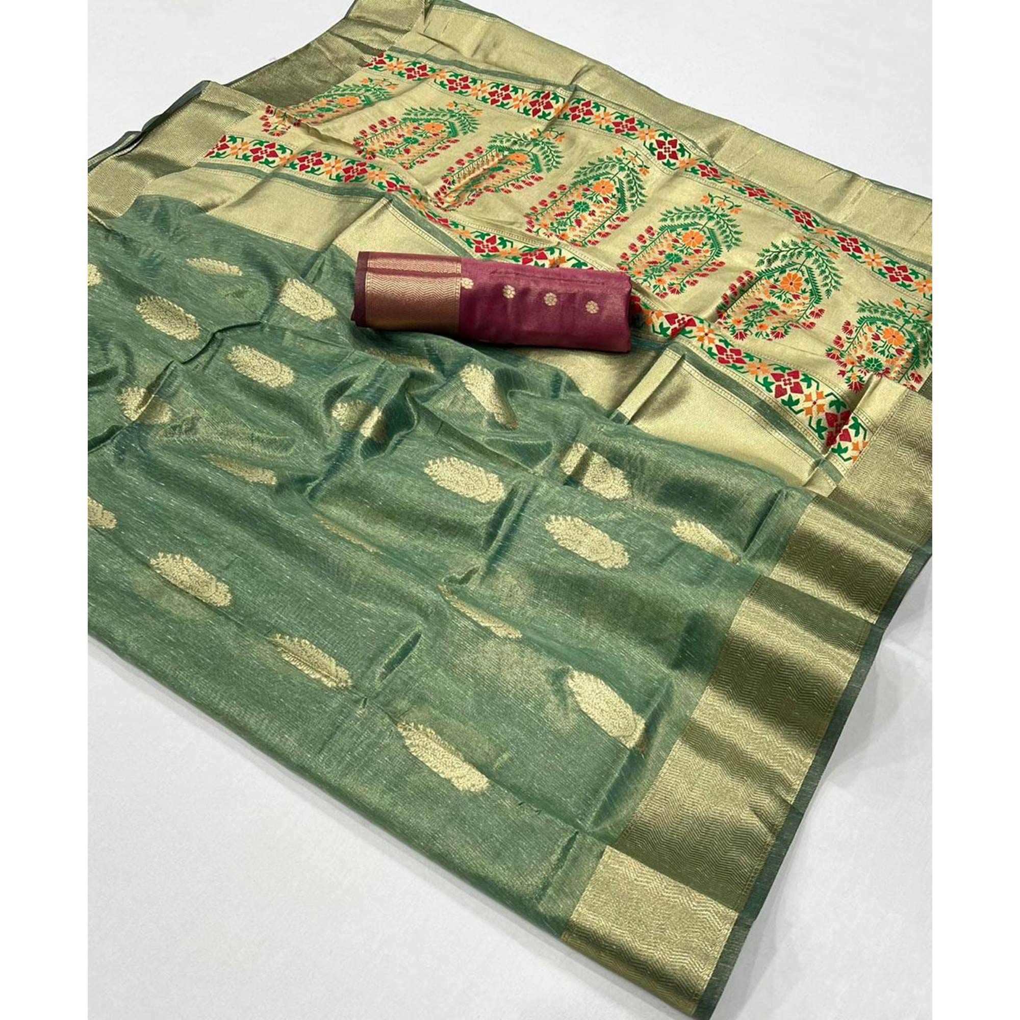 Rama Green Floral Zari Woven Tissue Paithani Style Saree