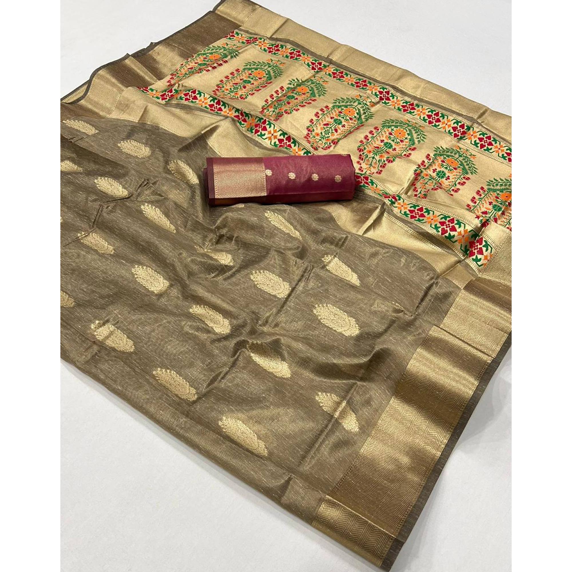 Brown Floral Zari Woven Tissue Paithani Style Saree