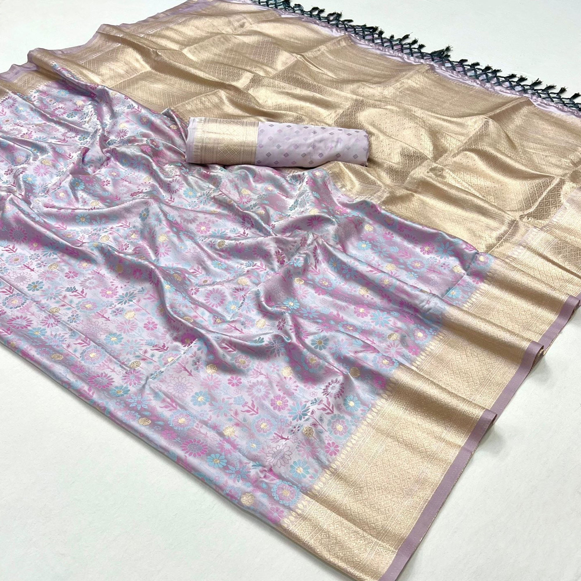 Pastel Lavender Handloom Woven Pure Satin Saree