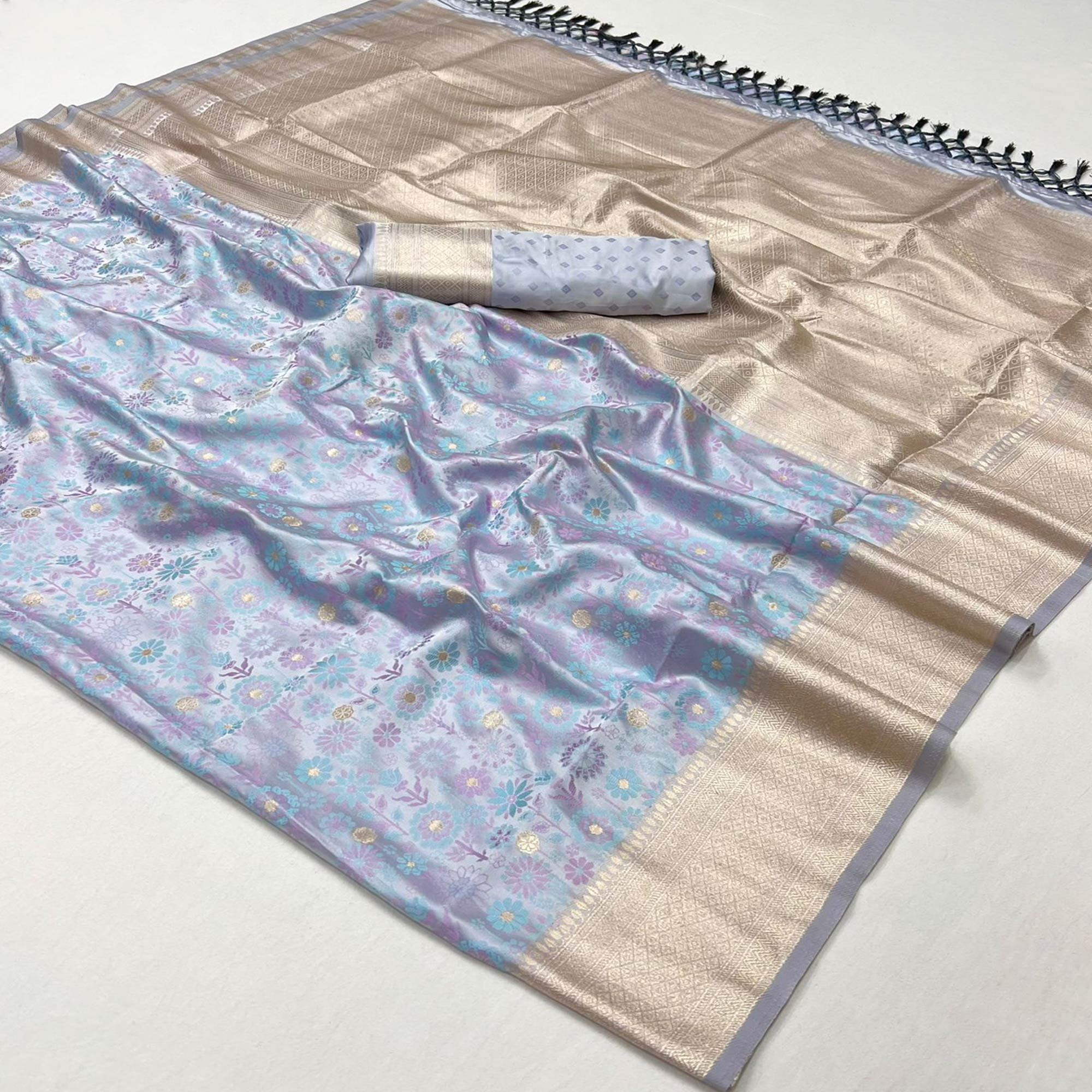 Pastel Blue Handloom Woven Pure Satin Saree