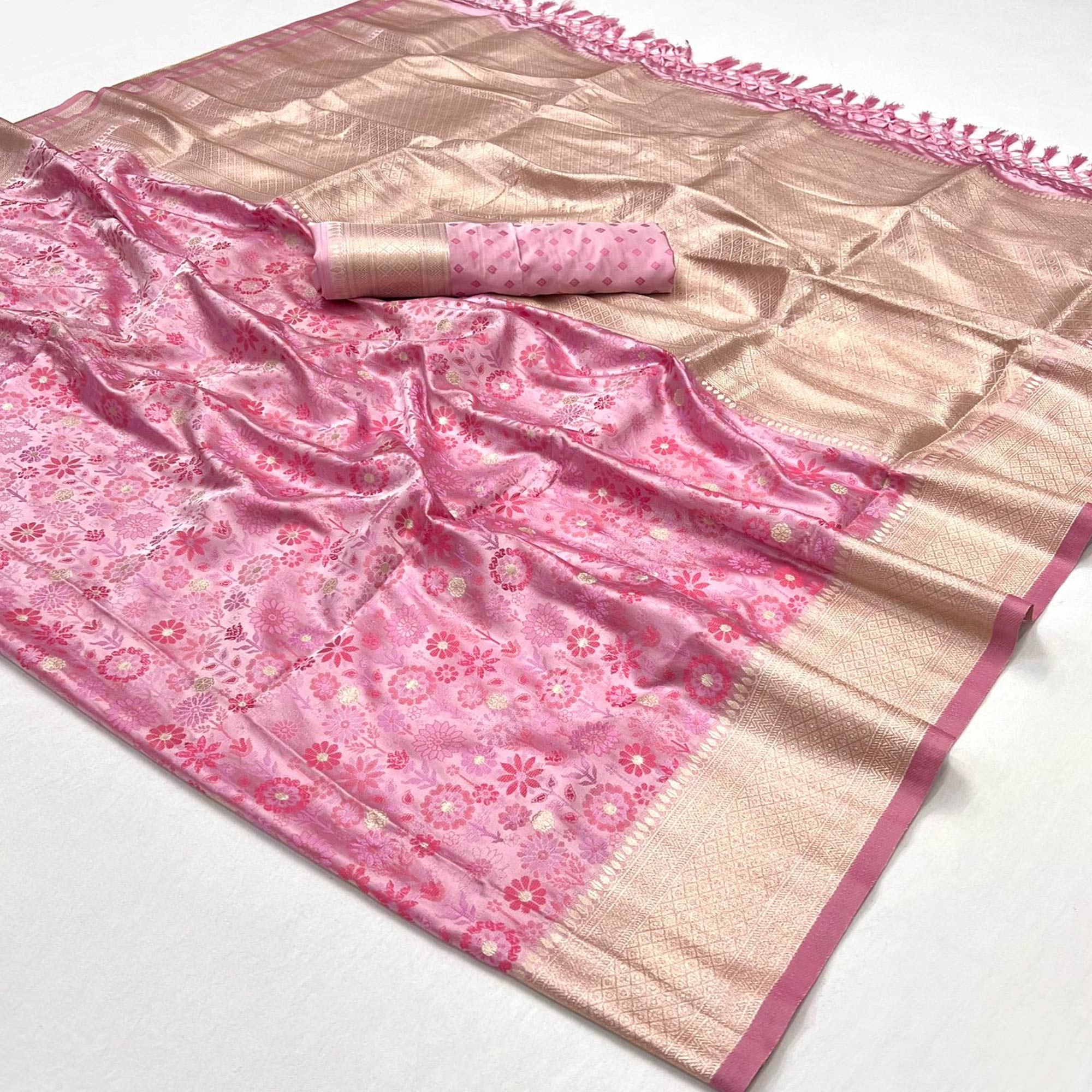 Baby Pink Handloom Woven Pure Satin Saree