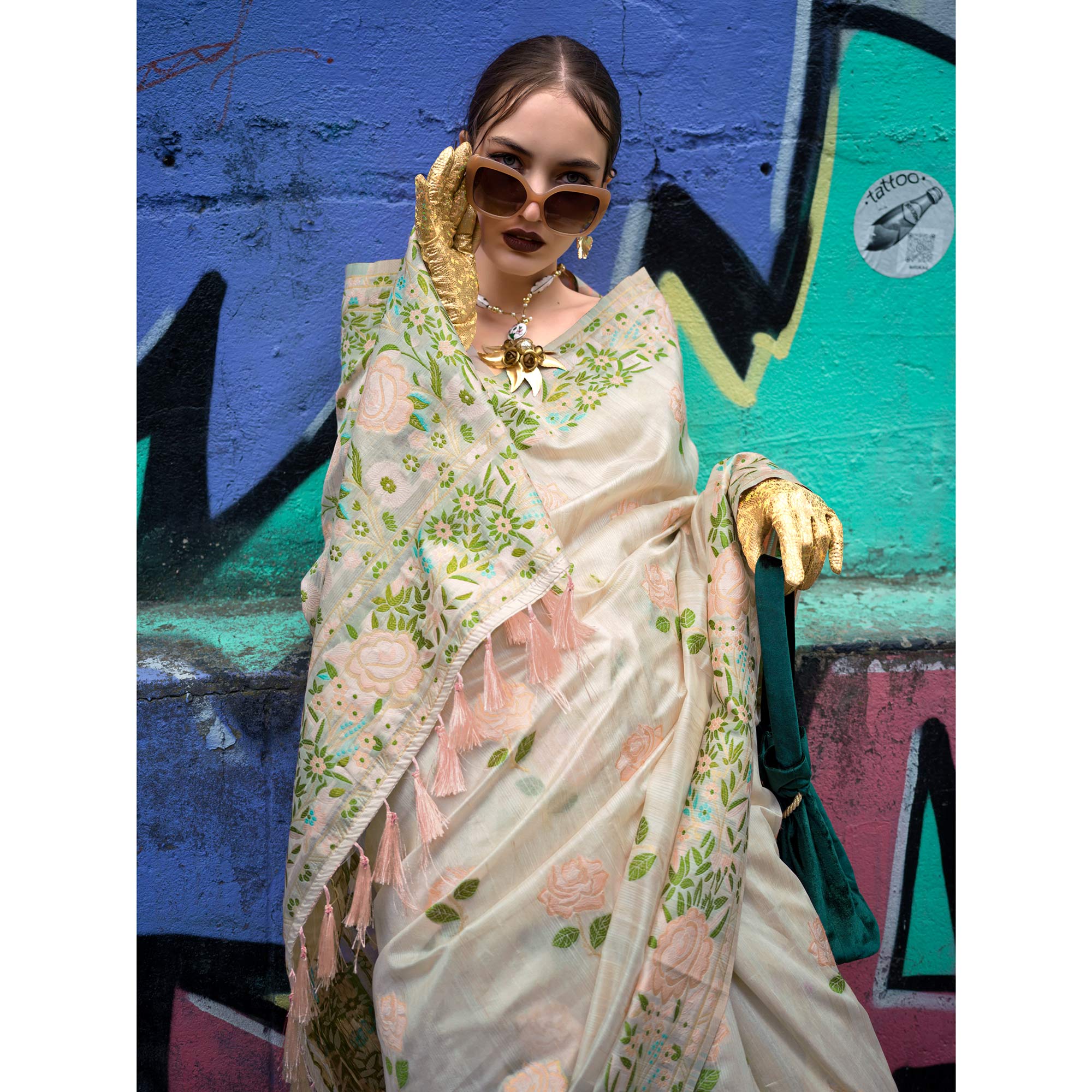 Off White Floral Woven Pure Silk Saree With Tassels