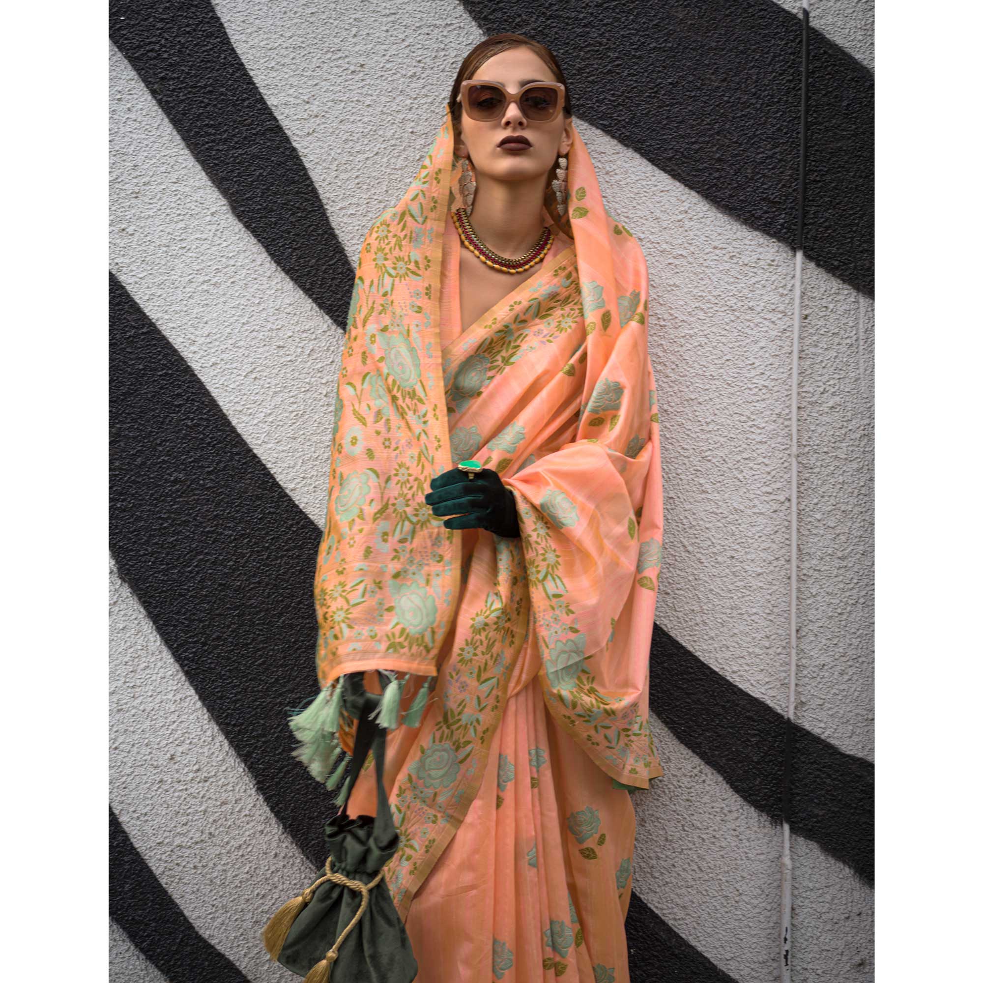 Peach Floral Woven Pure Silk Saree With Tassels