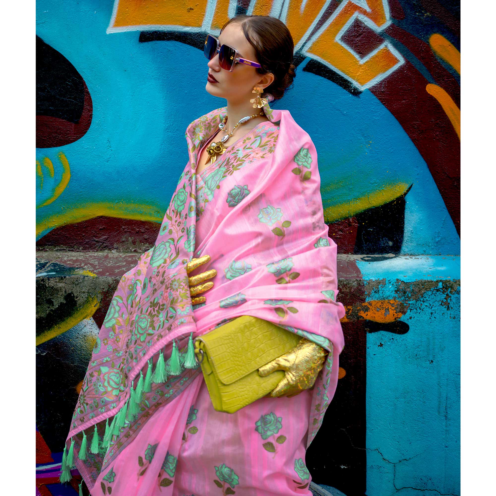 Pink Floral Woven Pure Silk Saree With Tassels