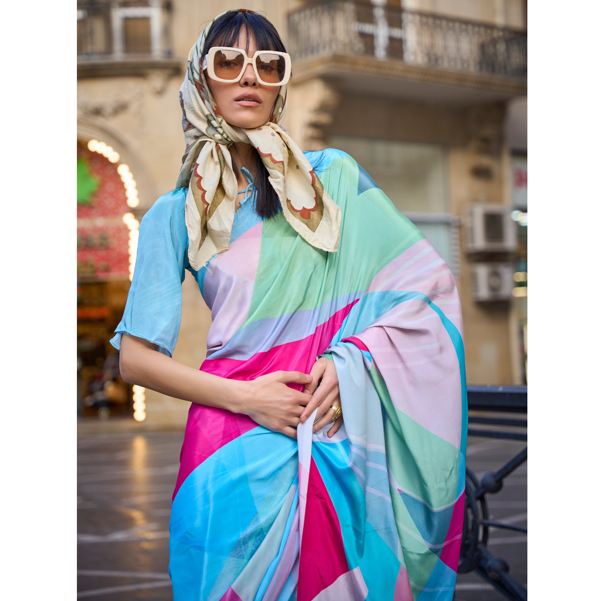 Multicolor Digital Printed Crepe Saree