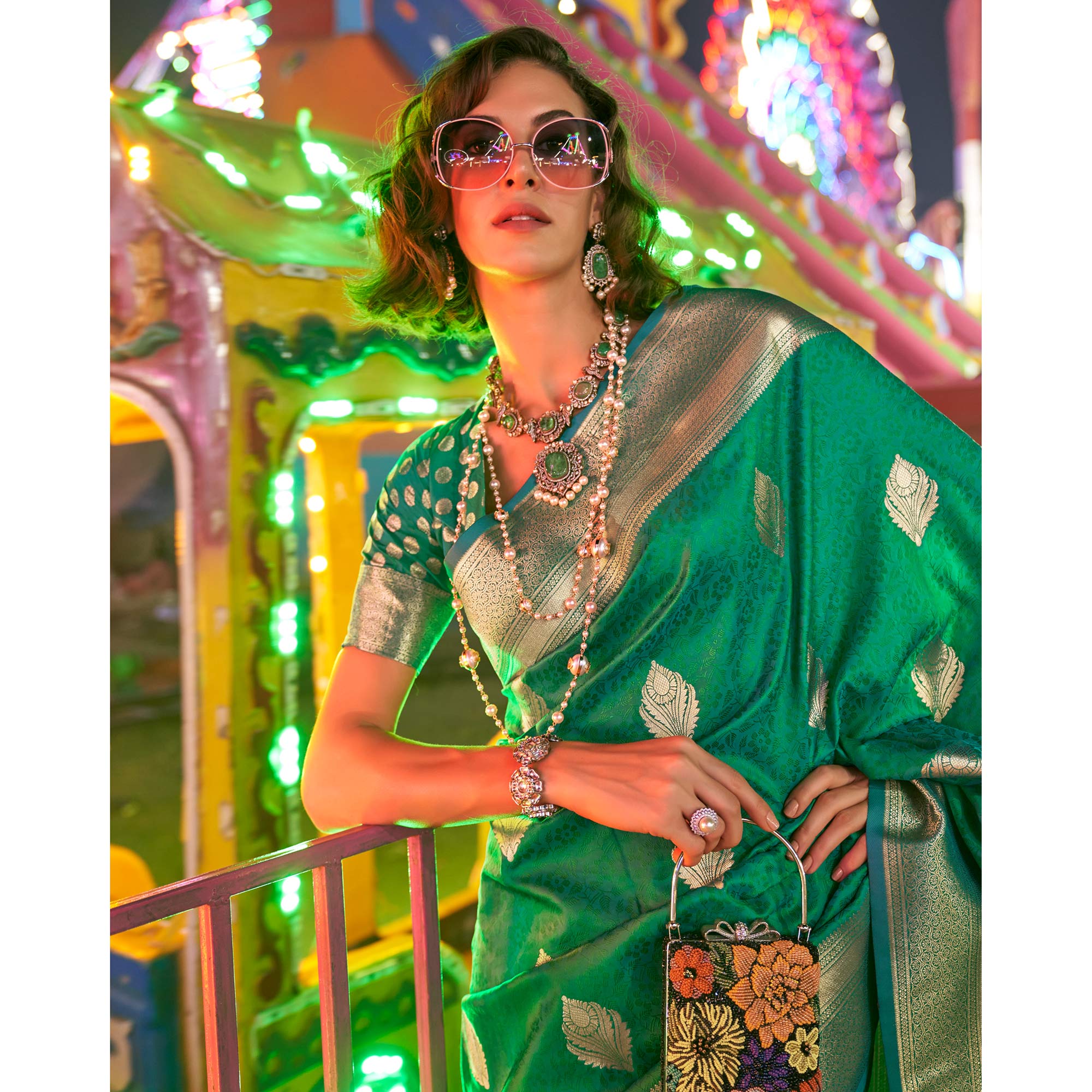 Rama Green Floral Woven Art Silk Saree