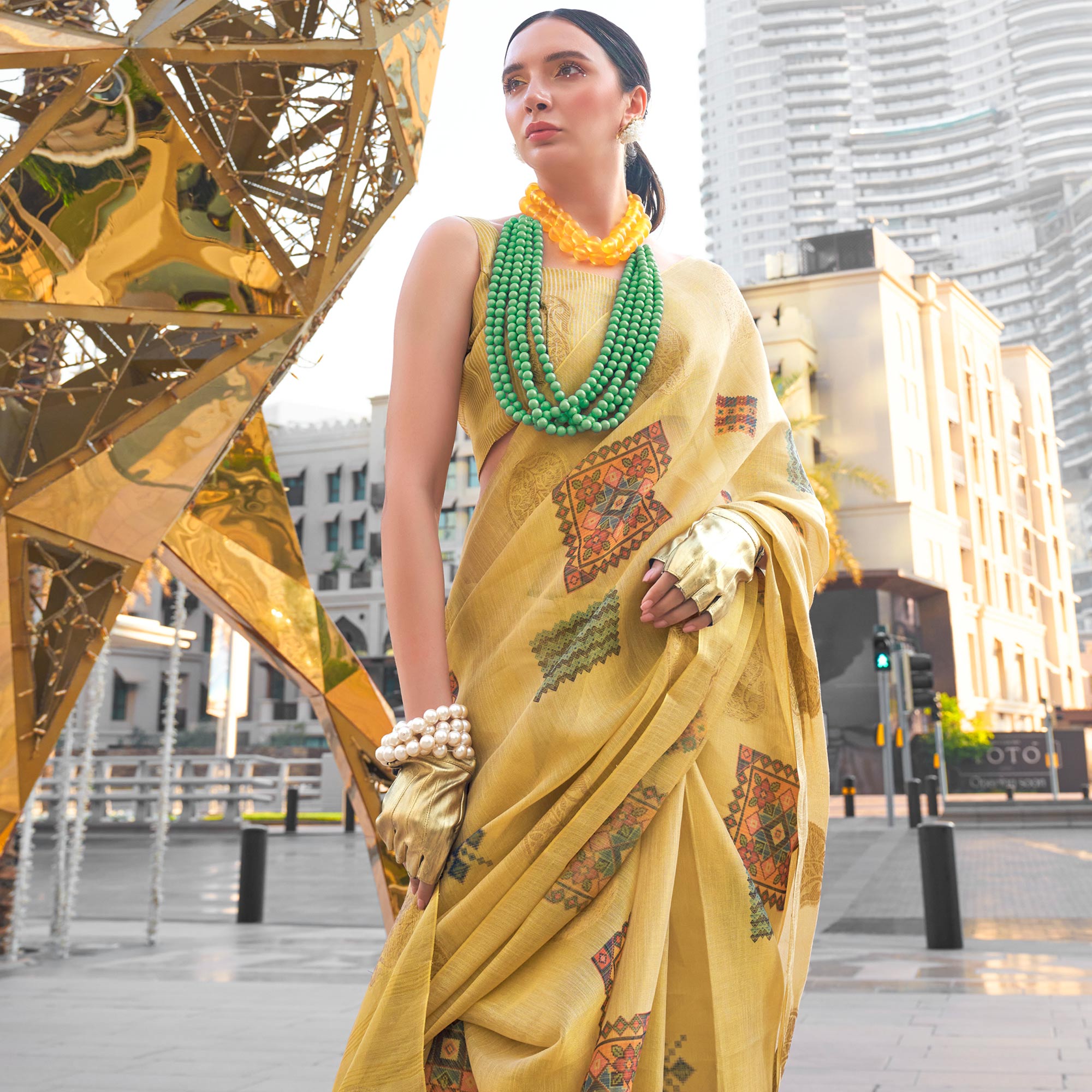 Golden Woven Art Silk Saree With Digital Print