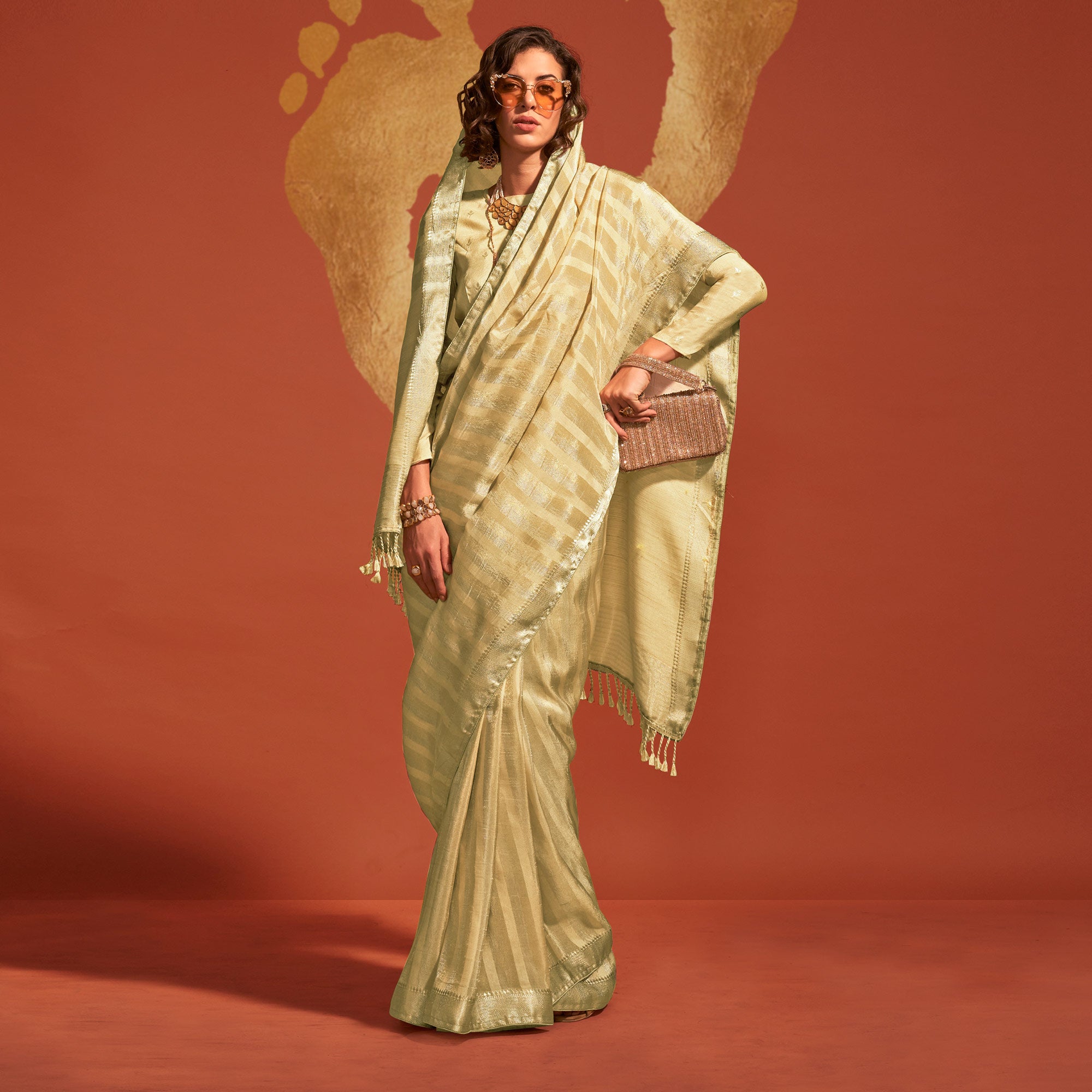 Cream Woven Viscose Saree With Tassels