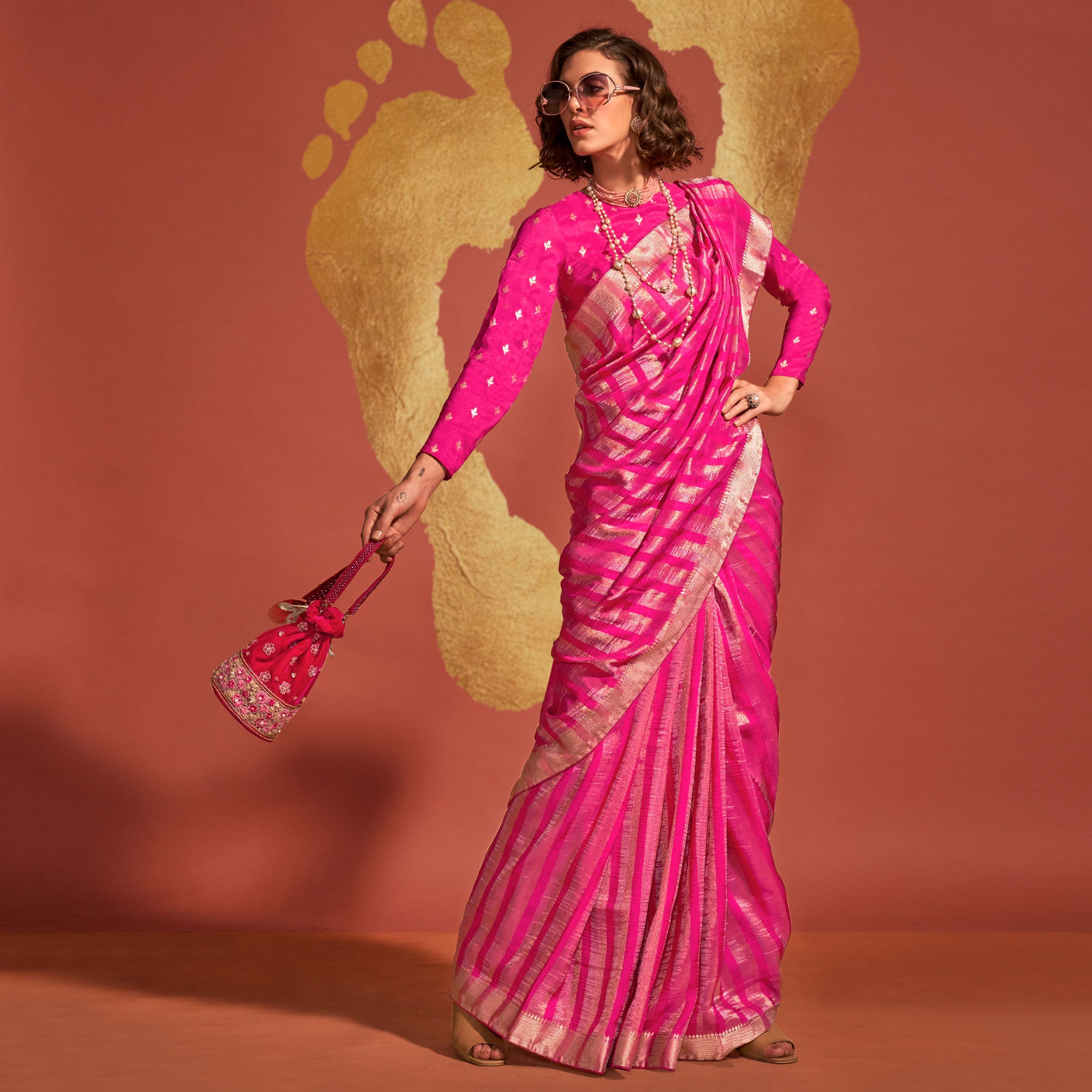 Rani Pink Woven Viscose Saree With Tassels