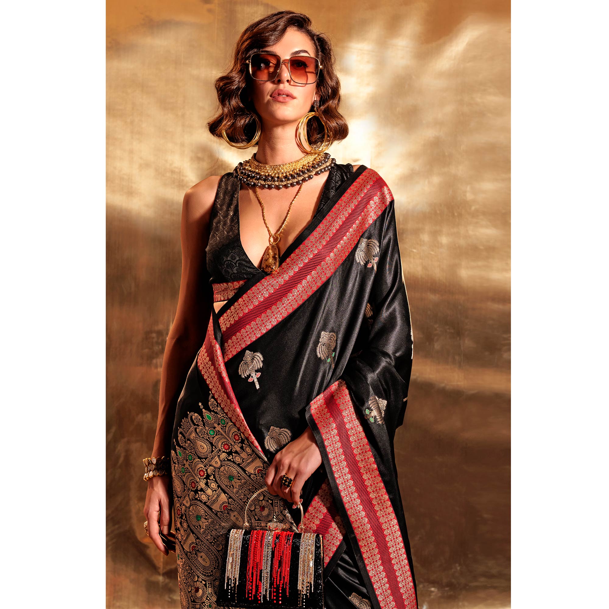 Black Woven Satin Saree With Tassels