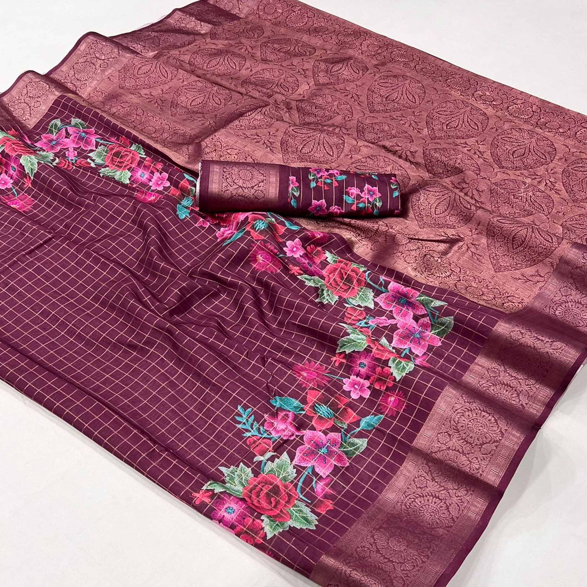 Wine Woven Floral Printed Georgette Saree