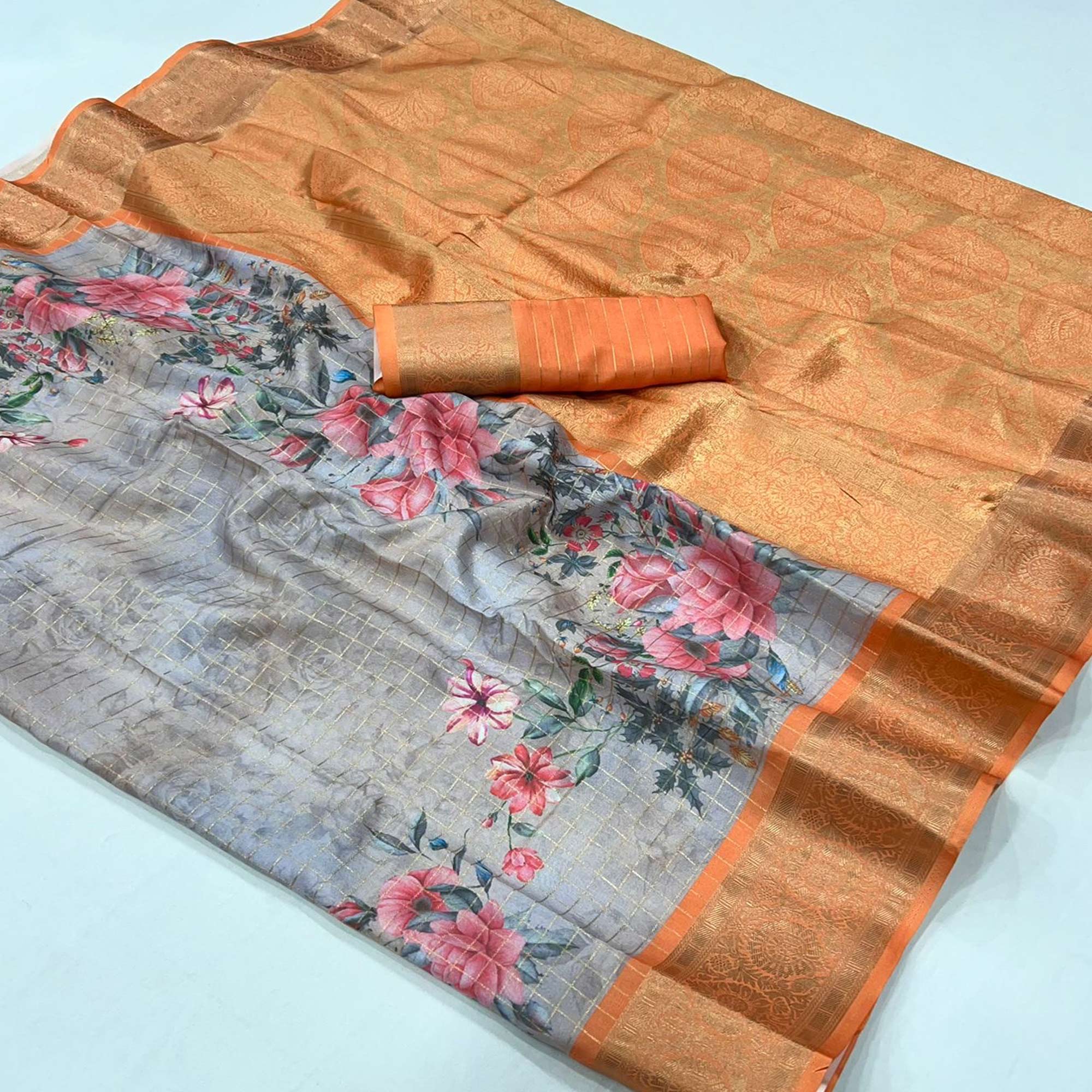 Grey & Orange Woven Floral Printed Georgette Saree