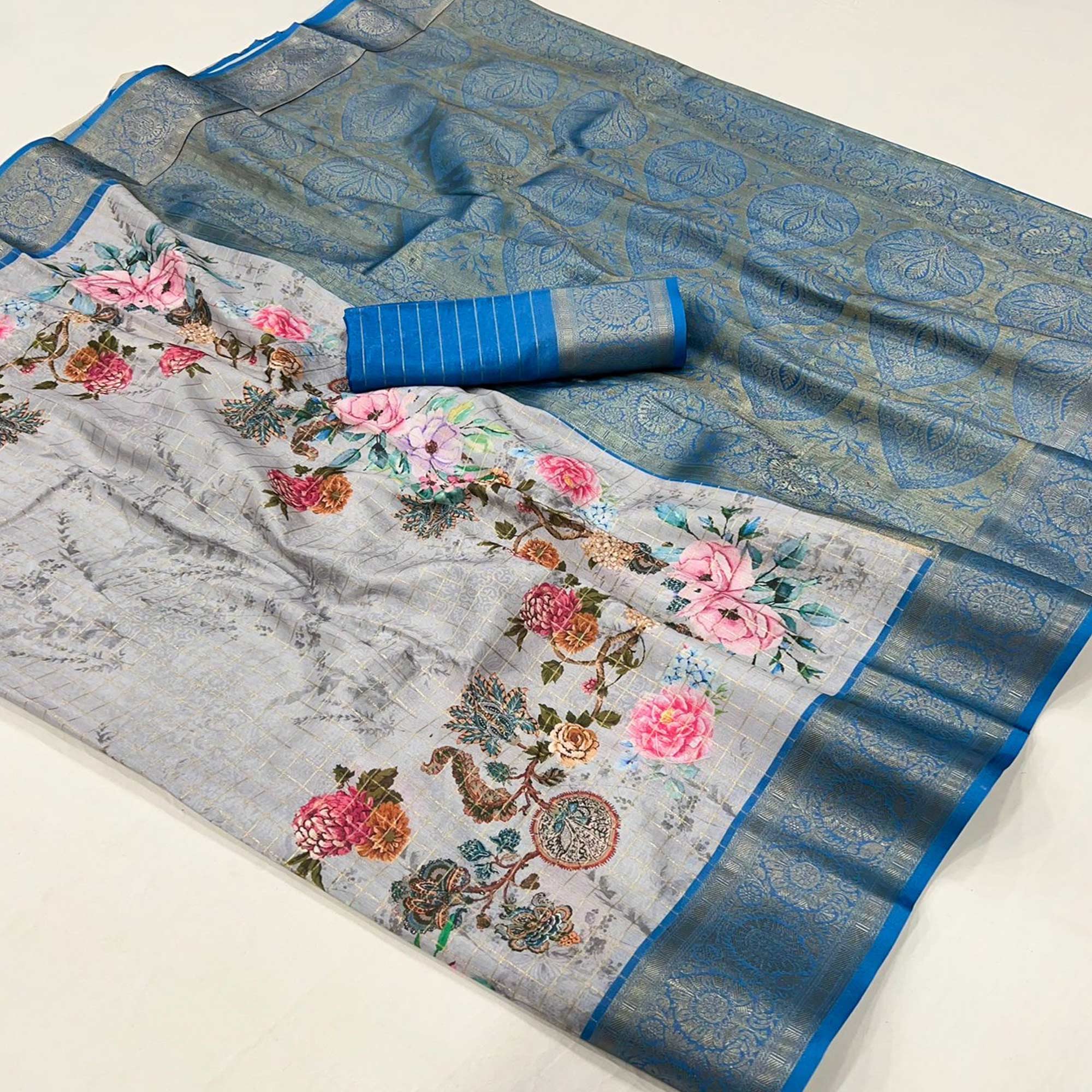 Grey & Blue Woven Floral Printed Georgette Saree