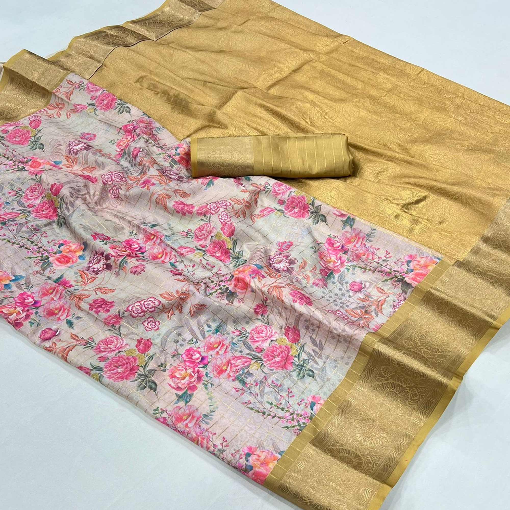 Grey & Mustard Woven Floral Printed Georgette Saree