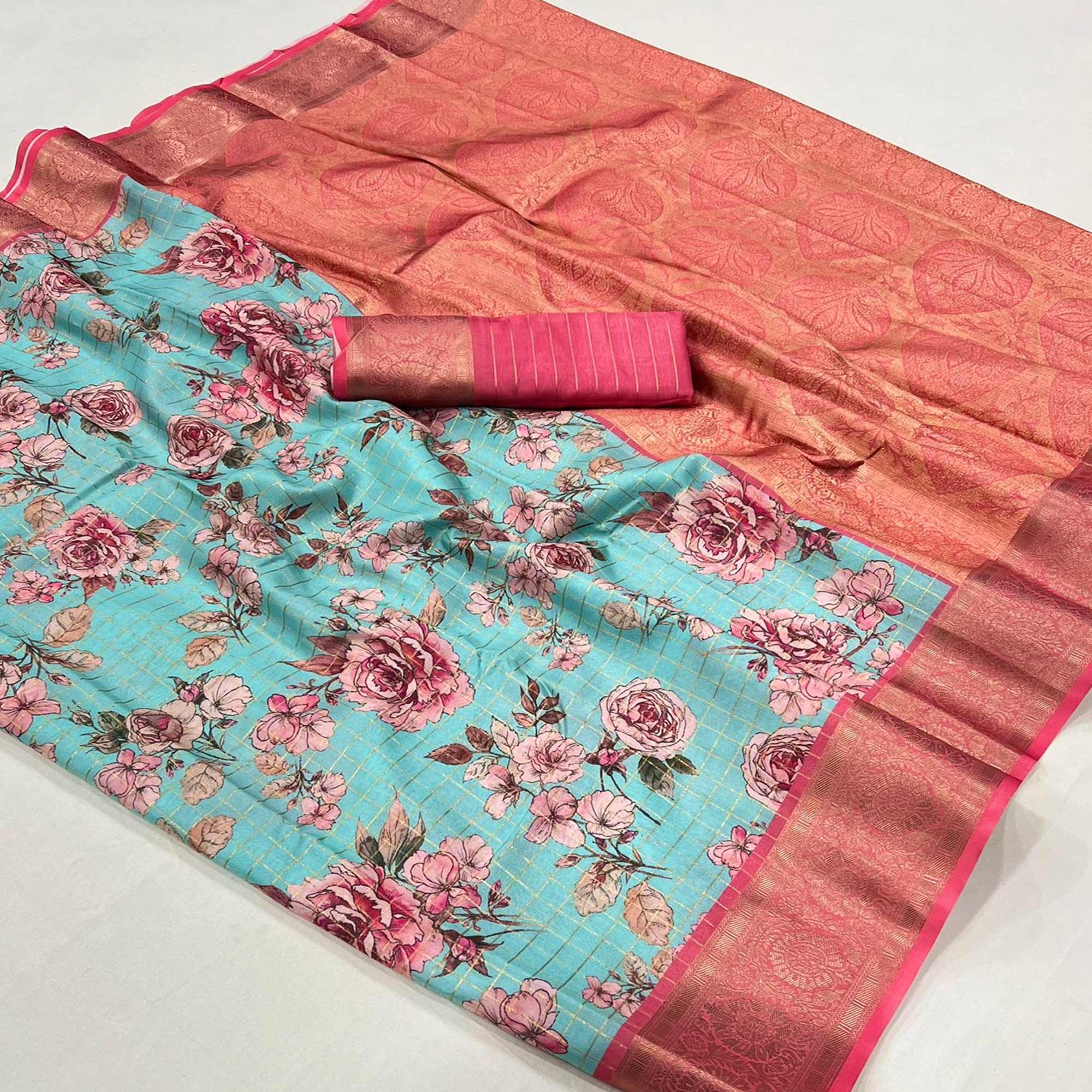 Turquoise Woven Floral Printed Georgette Saree