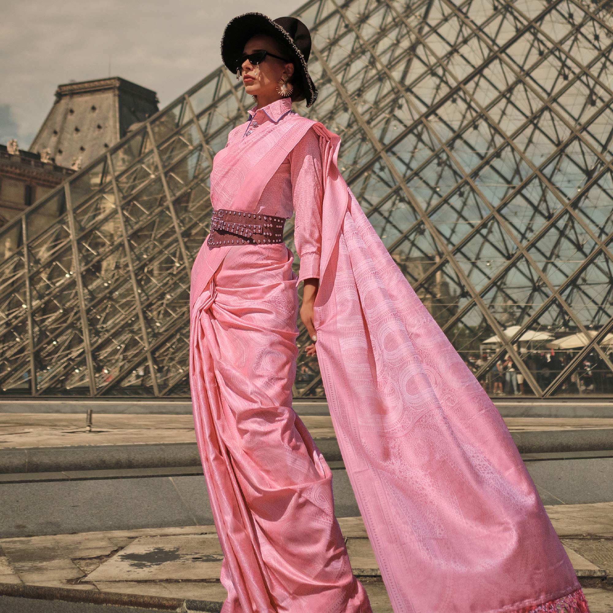 Pink Woven Satin Saree With Tassels