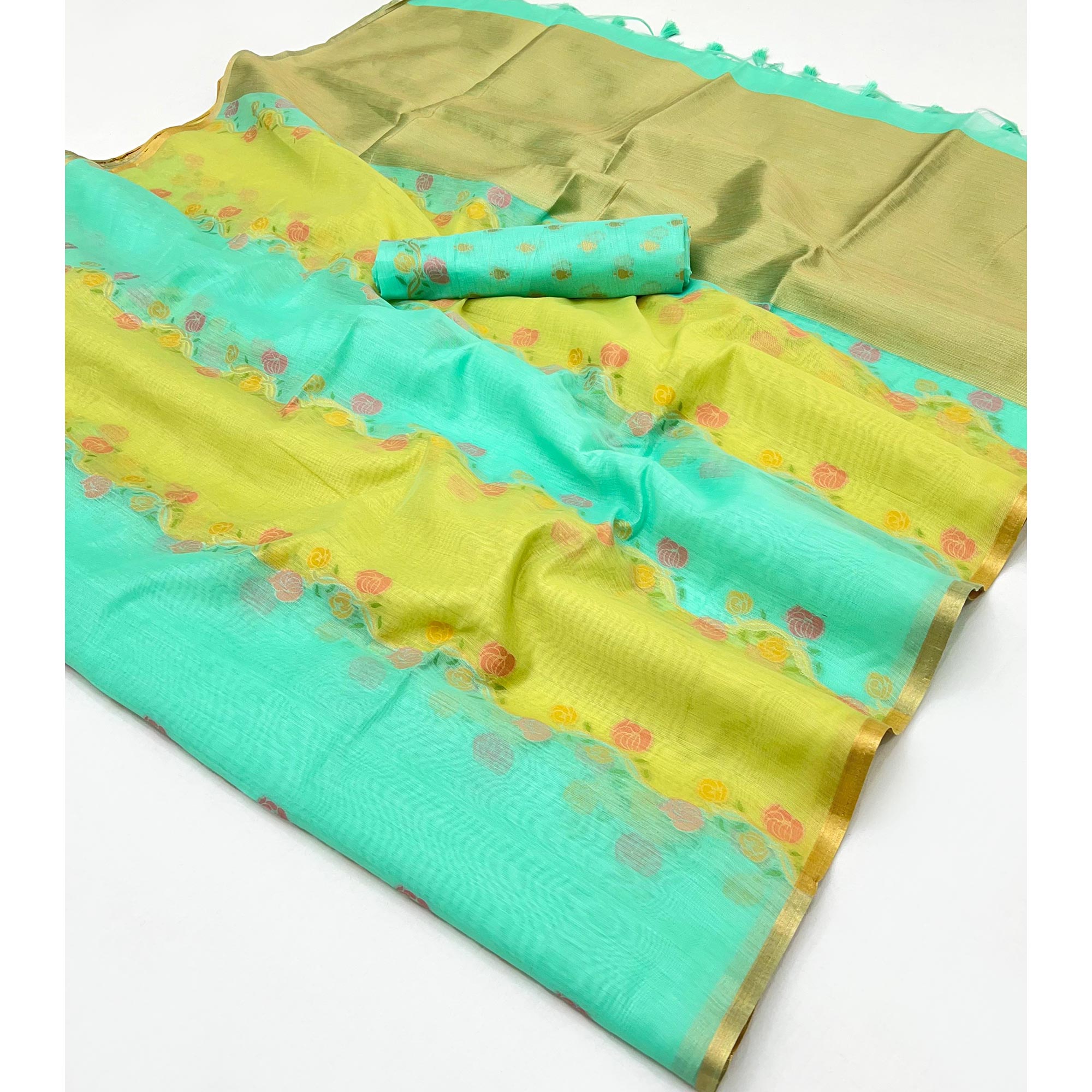 Turquoise & Green Floral Handwoven Cotton Blend Saree