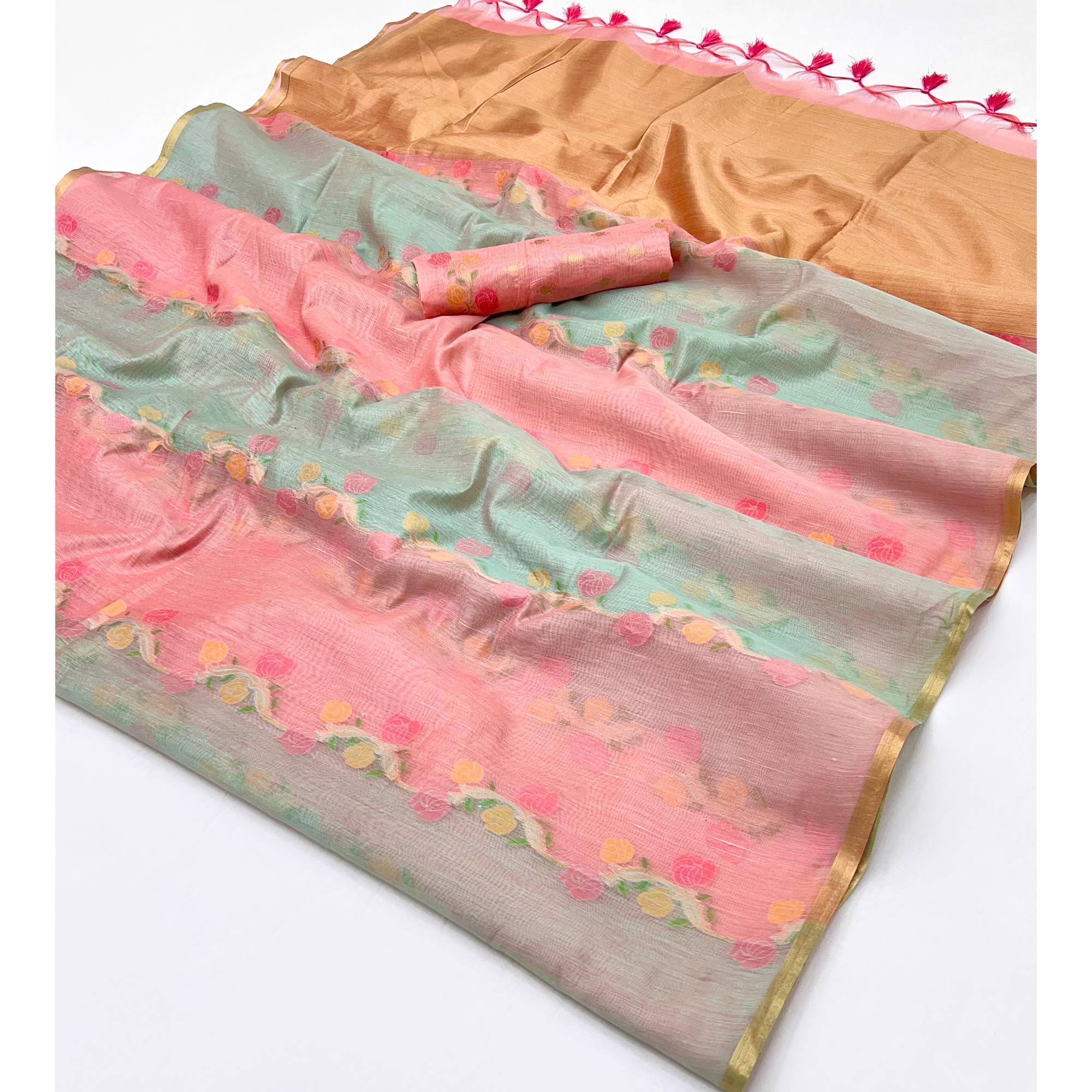 Peach & Grey Floral Handwoven Cotton Blend Saree