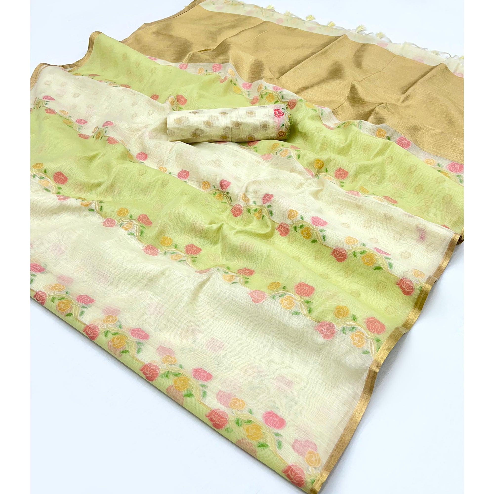 Cream & Pastel Green Floral Handwoven Cotton Blend Saree