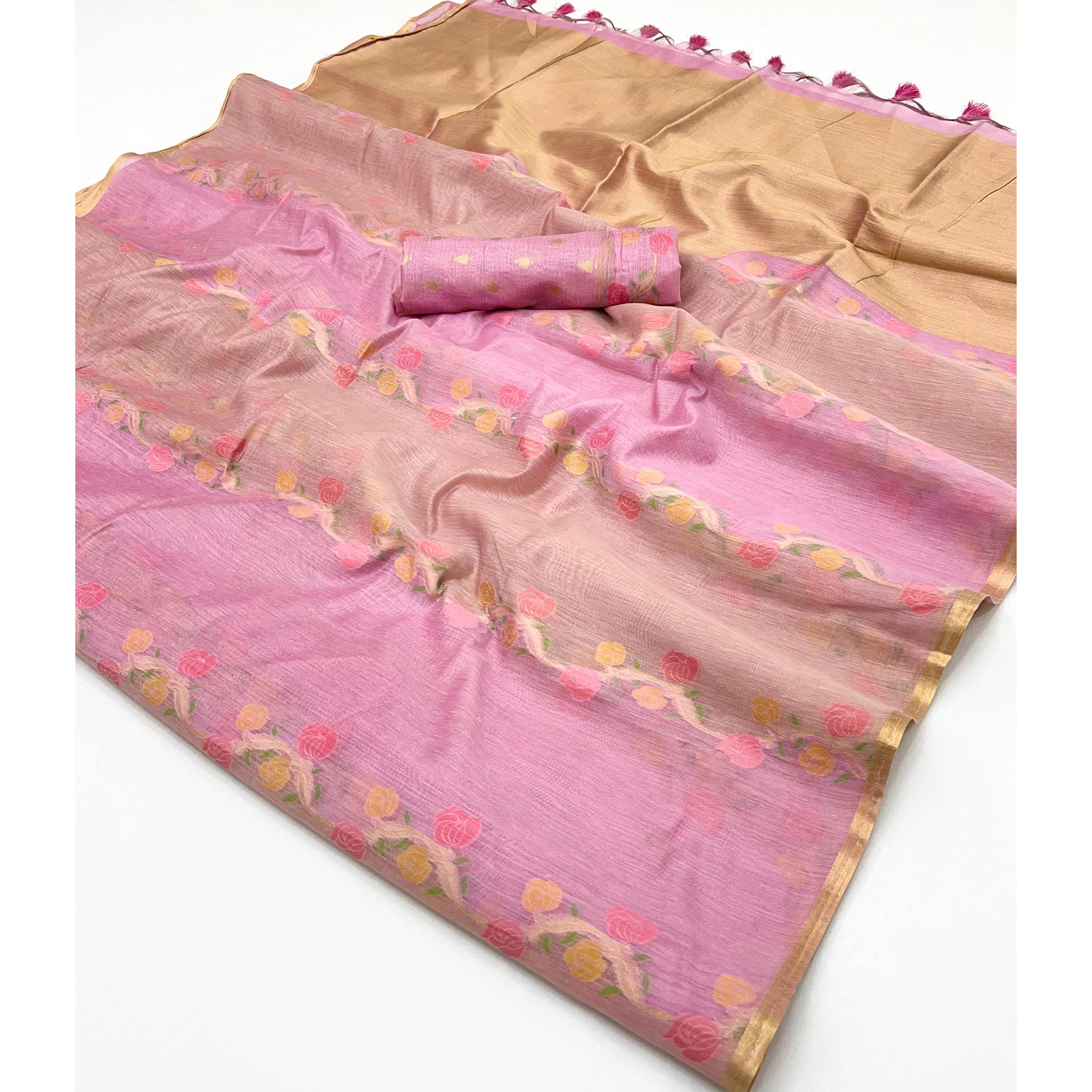 Soft Lavender With Pink Floral Handwoven Cotton Blend Saree
