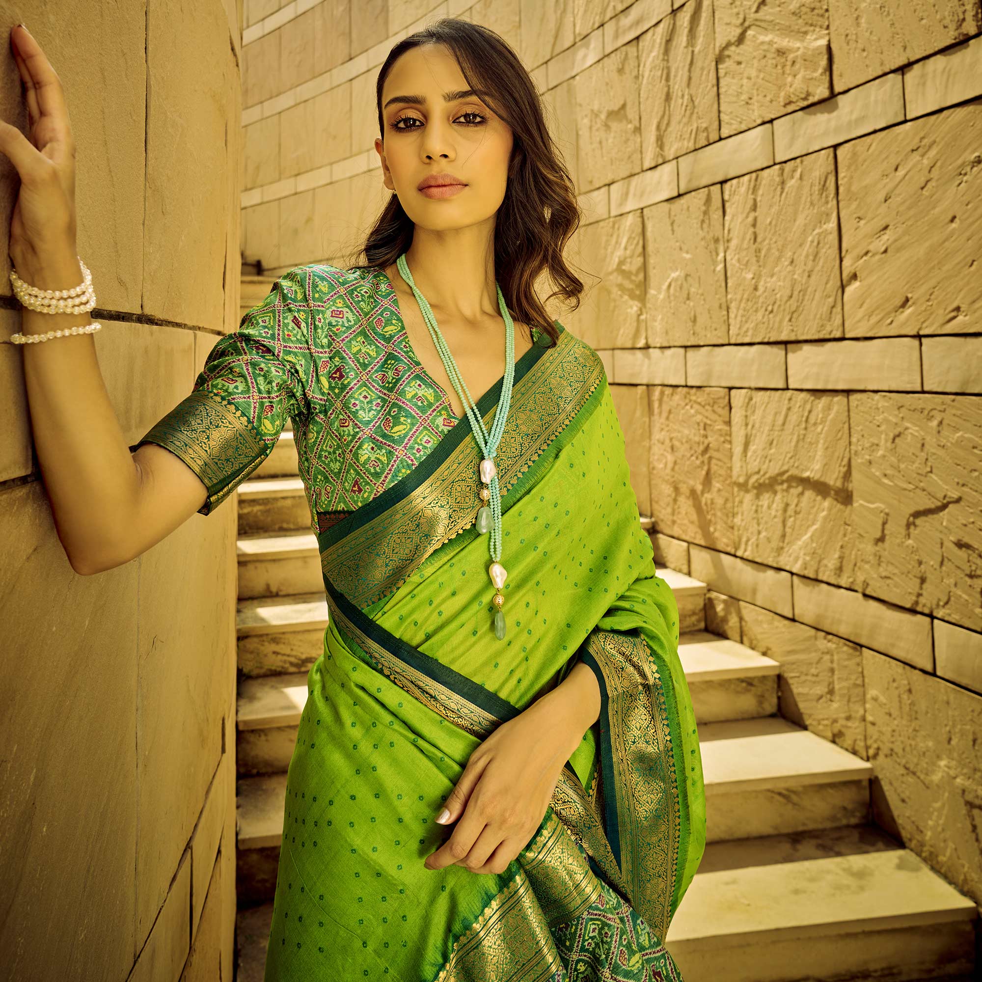 Green Weaved Patola Tussar Silk Saree With Tassels