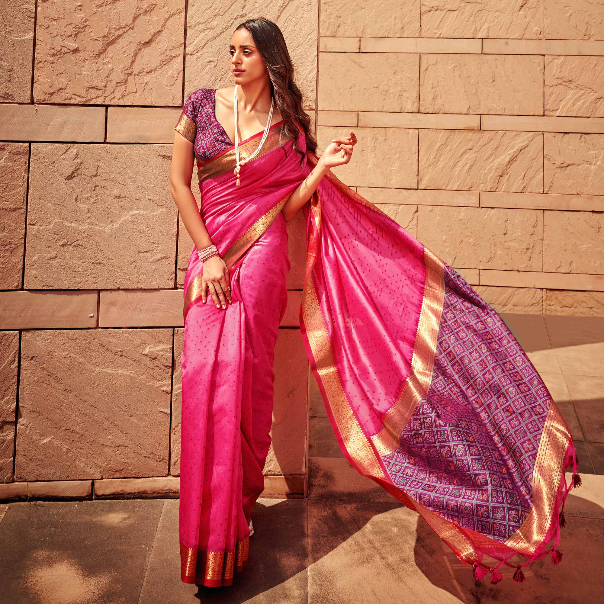 Pink Weaved Patola Tussar Silk Saree With Tassels