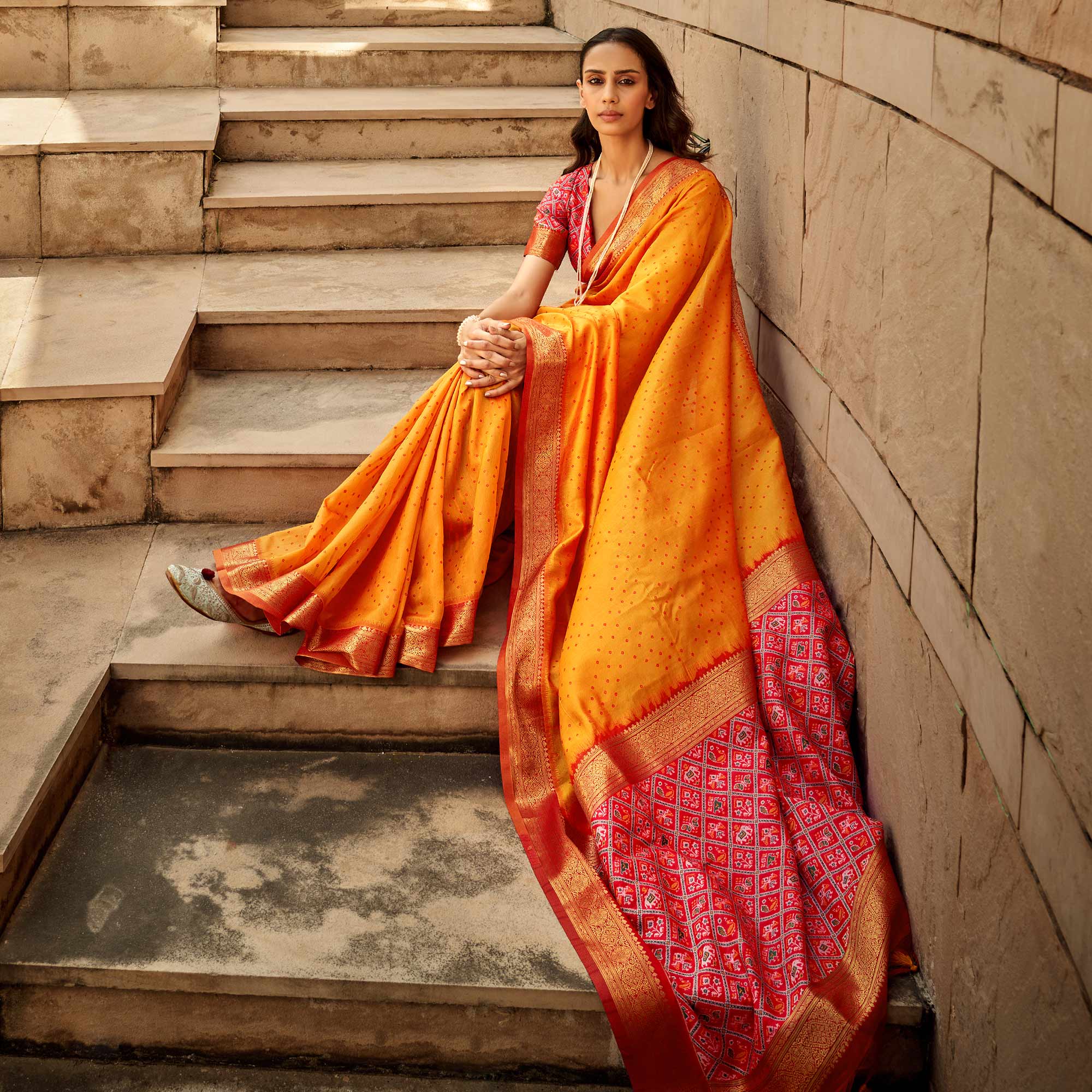 Carrot Orange Weaved Patola Tussar Silk Saree With Tassels