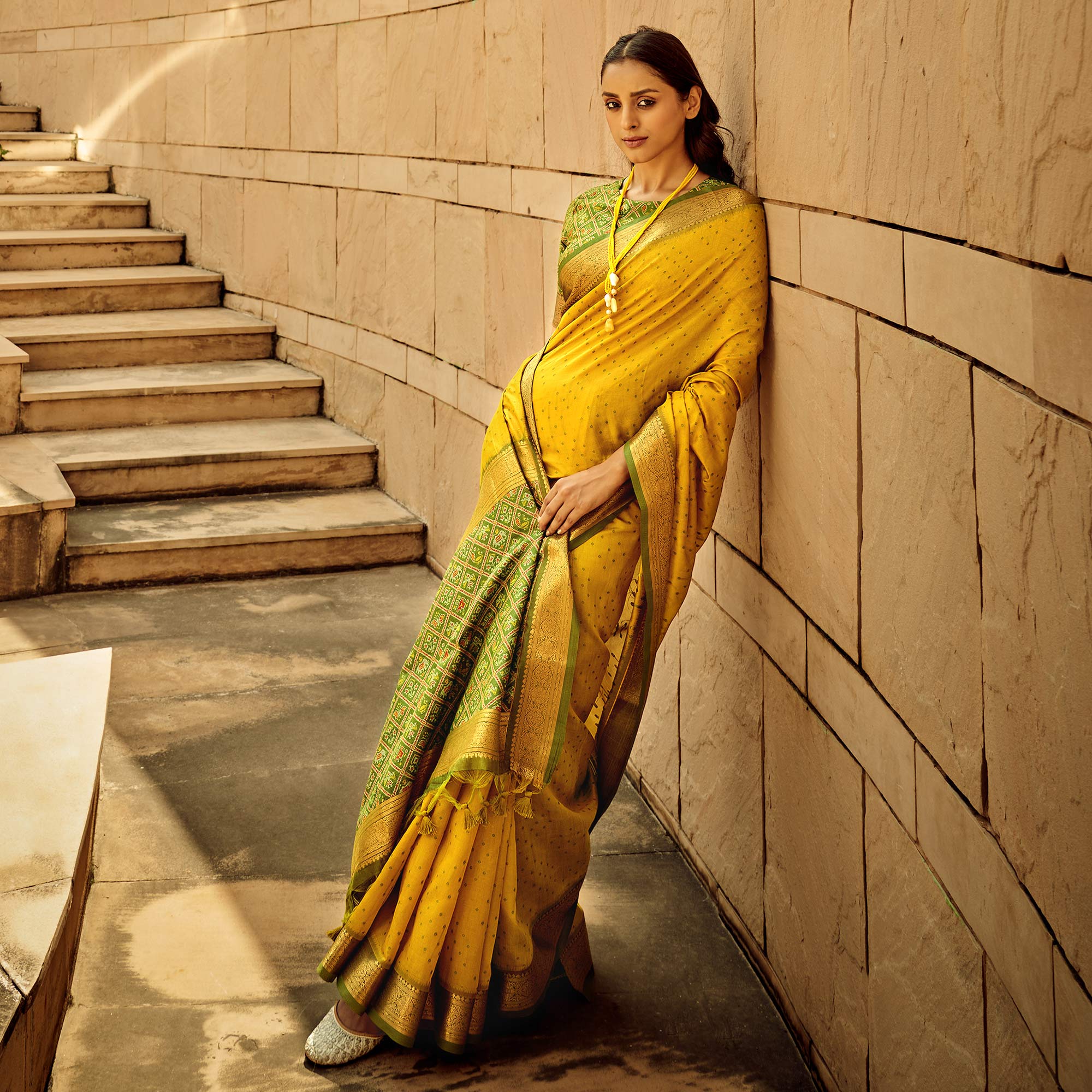 Mustard Weaved Patola Tussar Silk Saree With Tassels