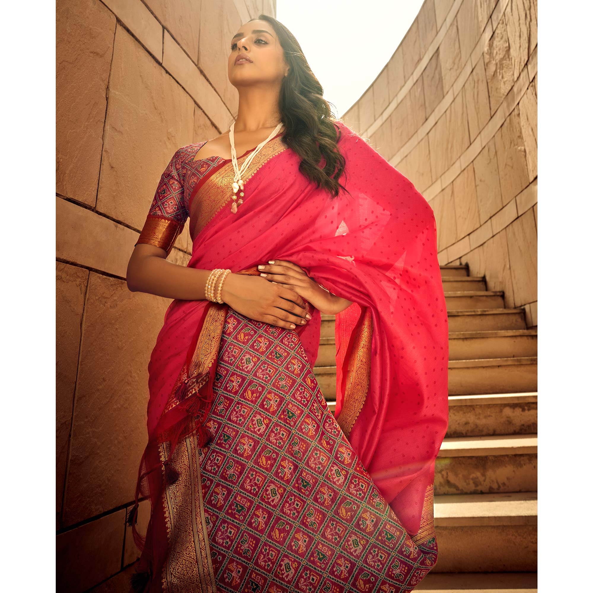 Gajri Pink Weaved Patola Tussar Silk Saree With Tassels