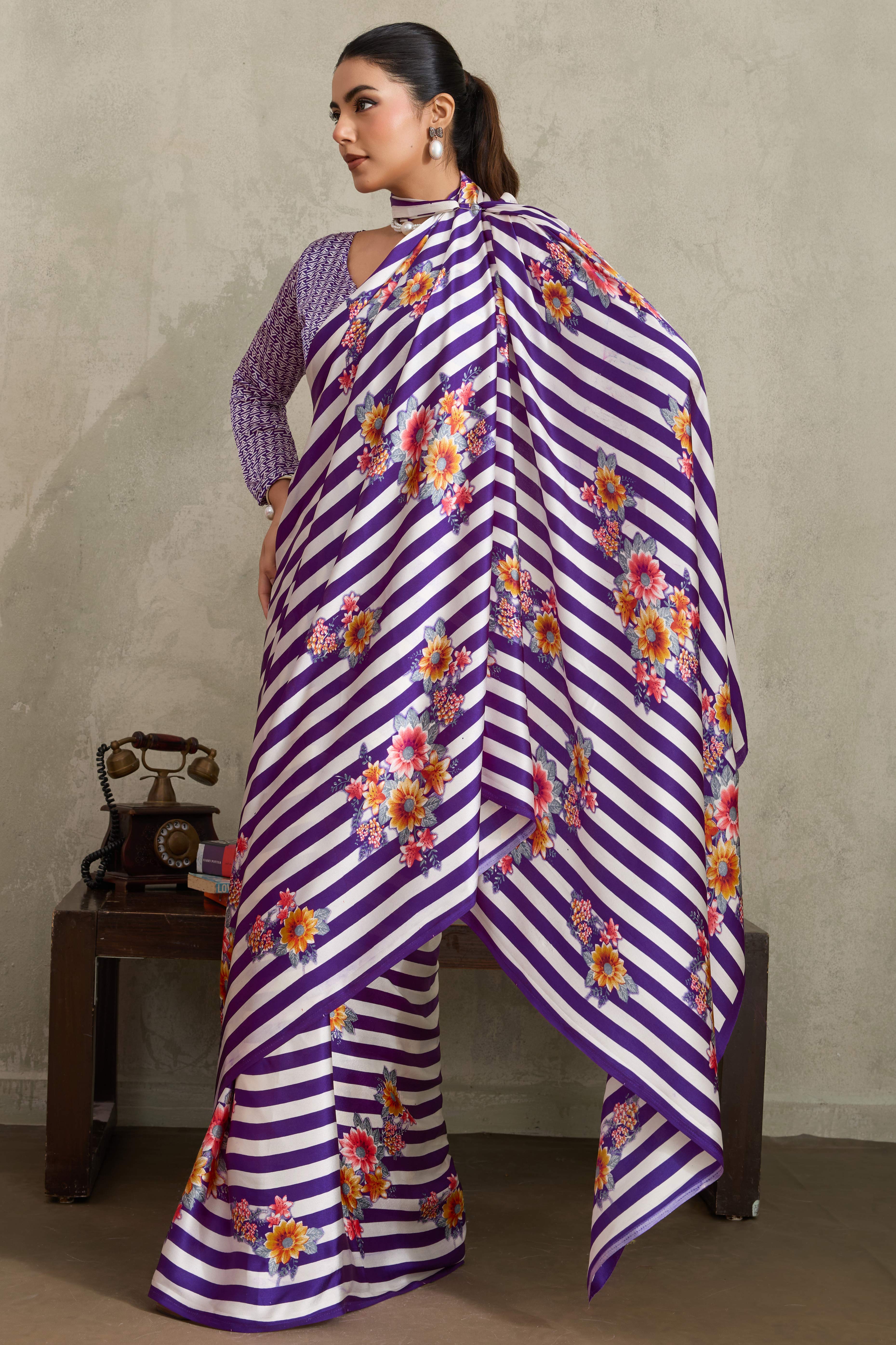 Purple Elegant Ajrakh Printed Modal Satin Saree Designed for Festive & Party Occasions