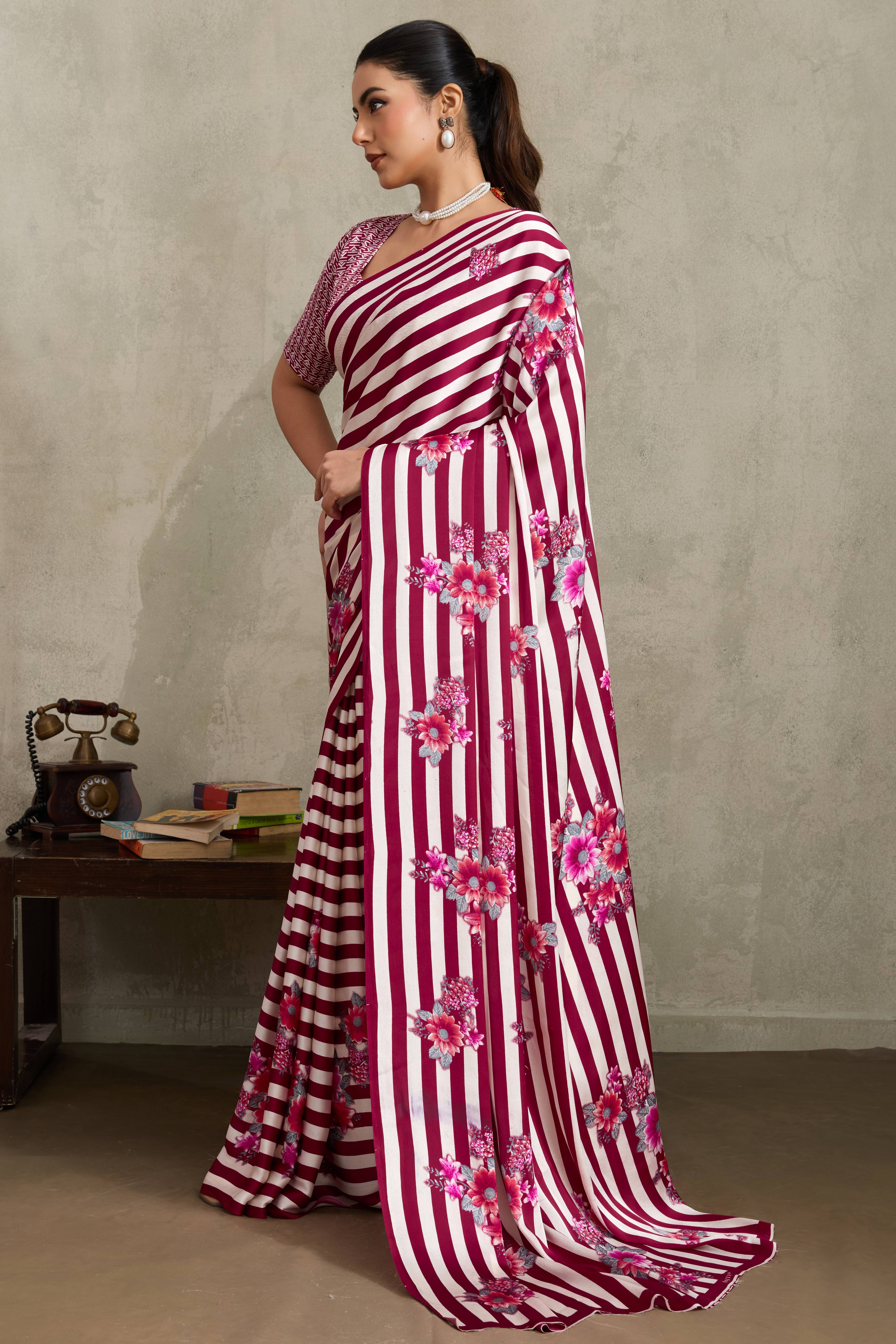 Wine Elegant Ajrakh Printed Modal Satin Saree Designed for Festive & Party Occasions