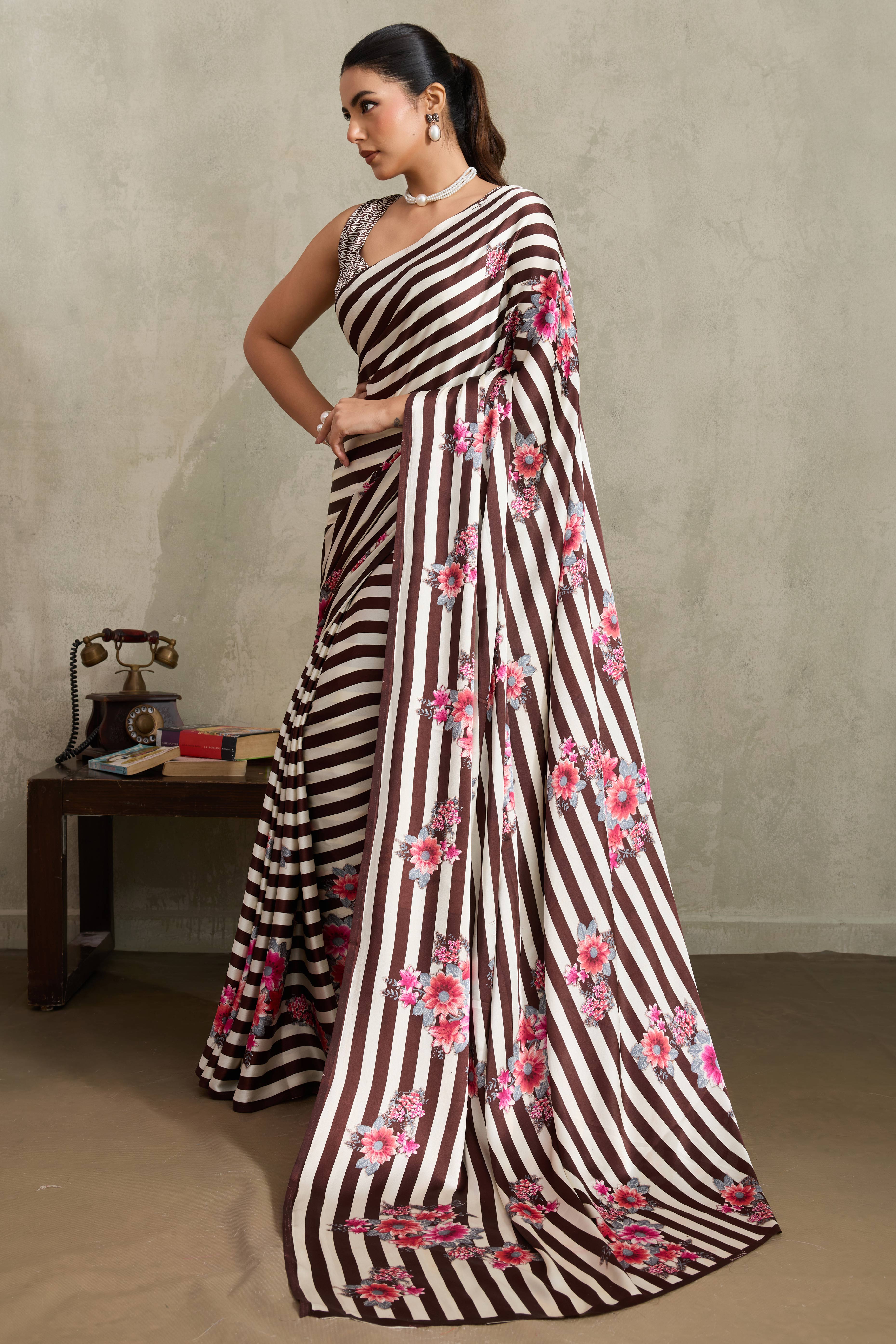 Brown Elegant Ajrakh Printed Modal Satin Saree Designed for Festive & Party Occasions