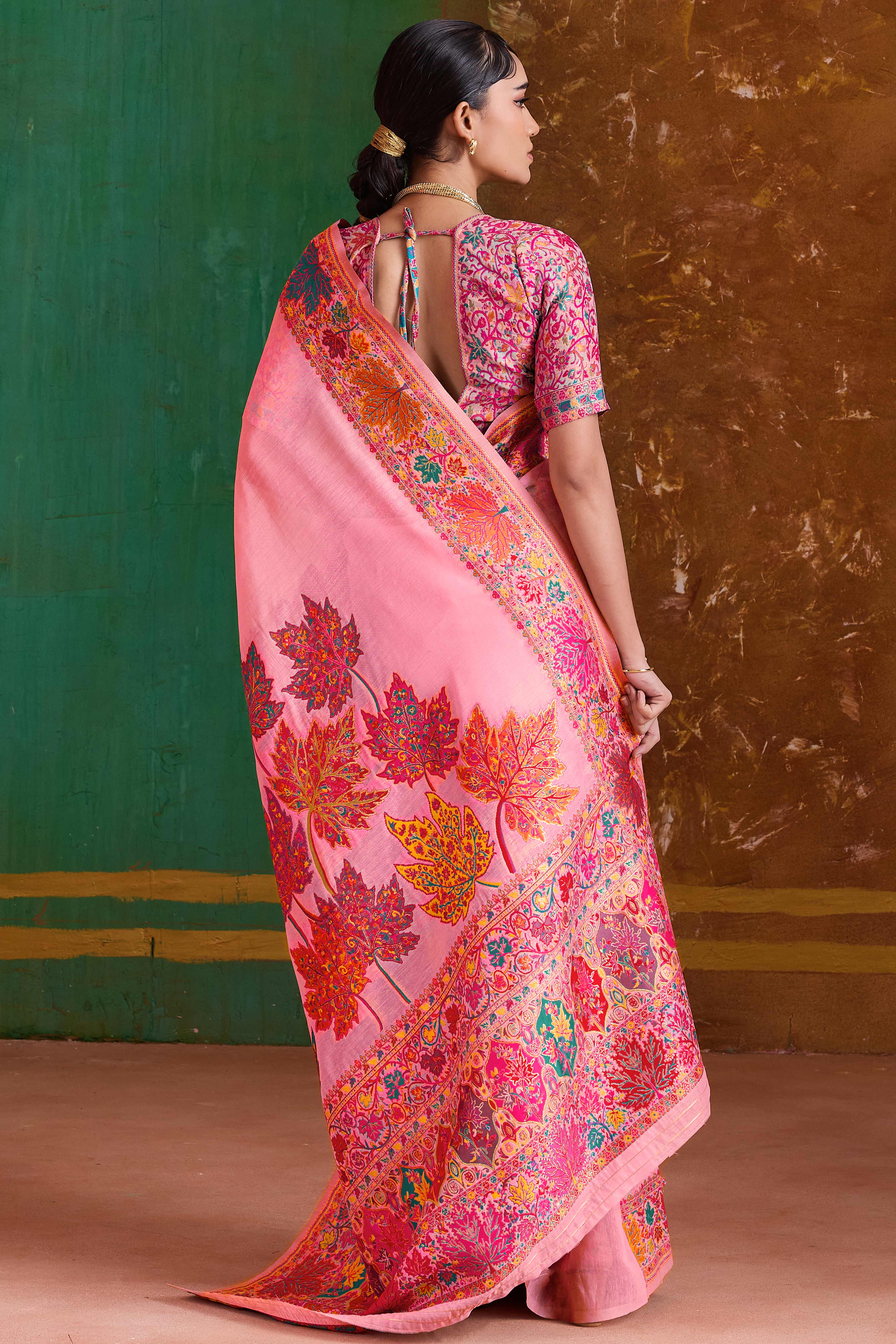 Luxurious Pink Leaf Motif Pashmina Weaving Modal Cotton Blend Saree With Refined Appeal